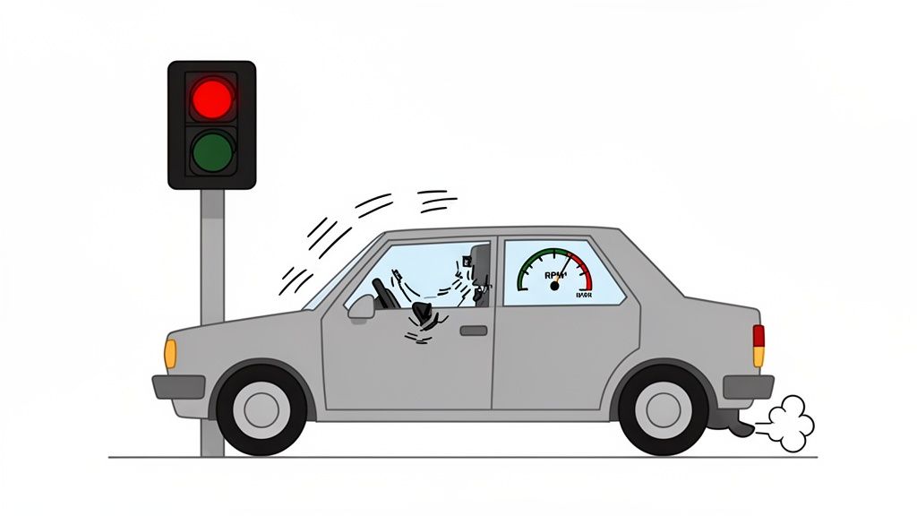A grey car with a frustrated driver is stopped at a red light, showing high RPM and exhaust smoke.