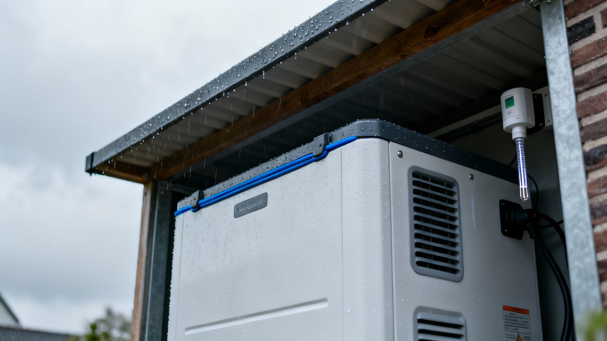 Witte thuisbatterij buiten geplaatst onder een afdak, met regendruppels op de behuizing.