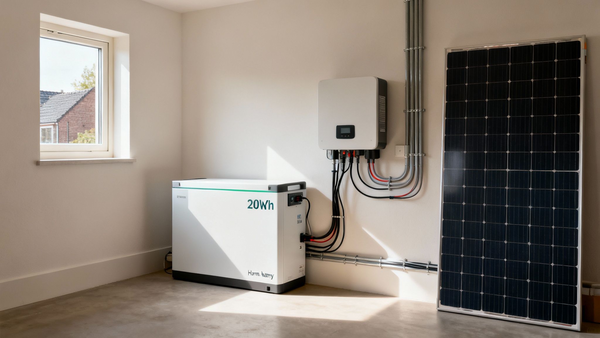 Wat is de beste thuisbatterij van 20 kWh? 3 Een thuisbatterij van 20 kWh, omvormer en zonnepaneel binnen een huis voor energieopslag.