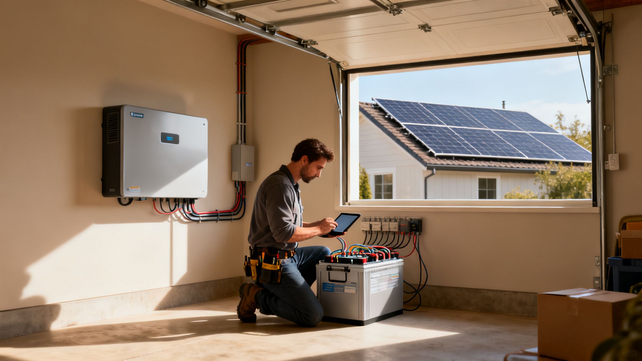 Een technicus installeert of controleert zonnepaneelapparatuur en een thuisbatterij in een garage, met zonnepanelen op het dak van een huis in de verte.