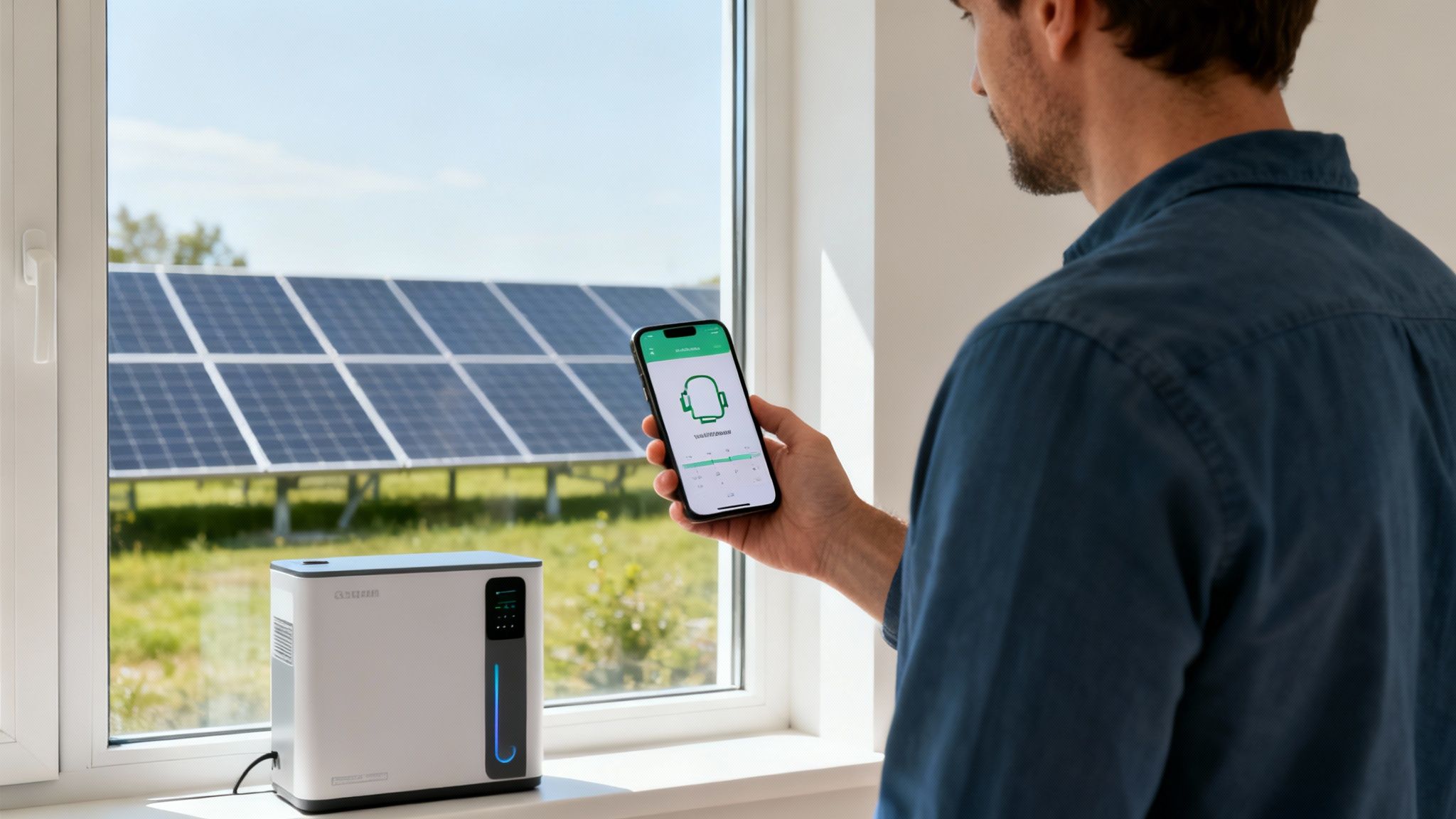 Man kijkt op telefoon met app terwijl energieapparaat op vensterbank staat met zonnepanelen buiten.