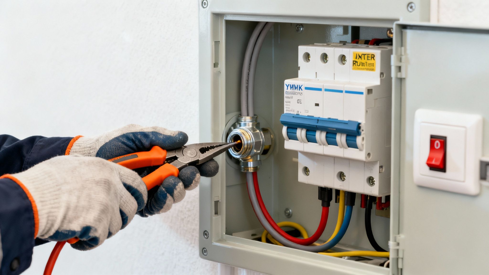 Elektricien sluit draden aan in meterkast met tang. Veiligheidshandschoenen en gereedschap.