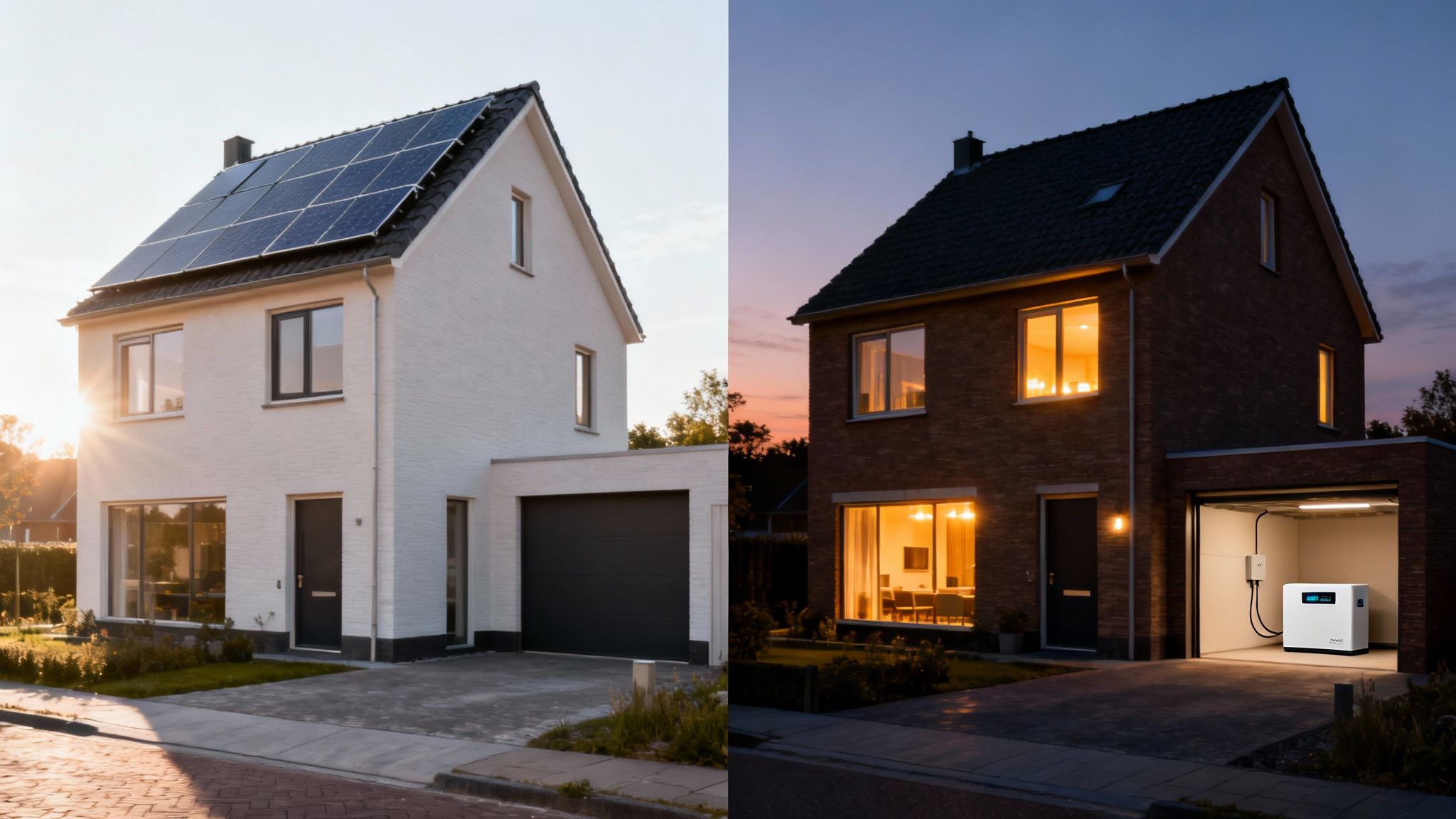 Zonnepanelen met thuisbatterij: de complete gids 2 Een huis met zonnepanelen overdag en 's avonds met een thuisbatterij in de garage.
