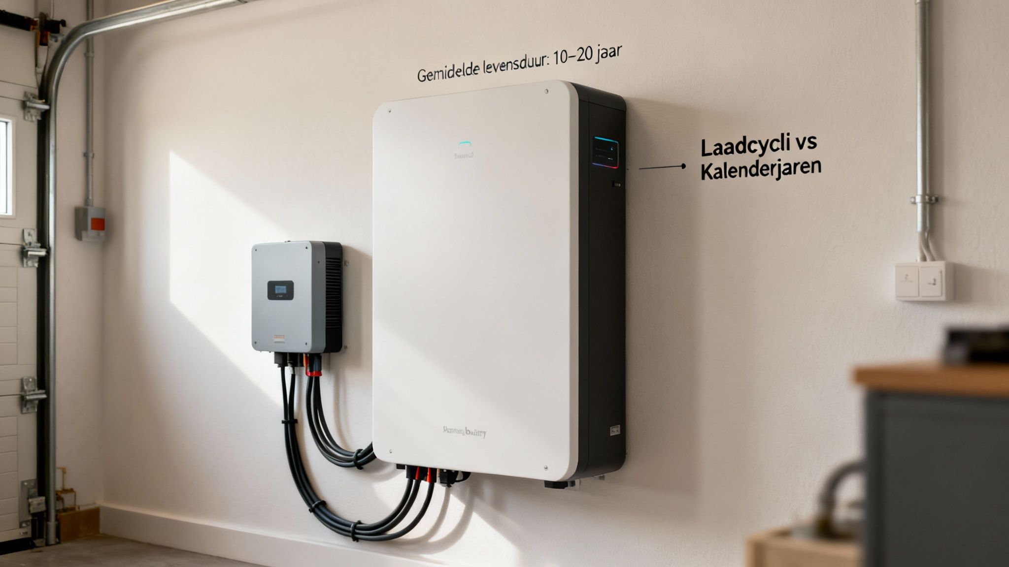 Hoe lang gaat een thuisbatterij mee? 2 Een thuisbatterijsysteem met omvormer aan de muur in een garage, met tekst over de levensduur van 10-20 jaar.