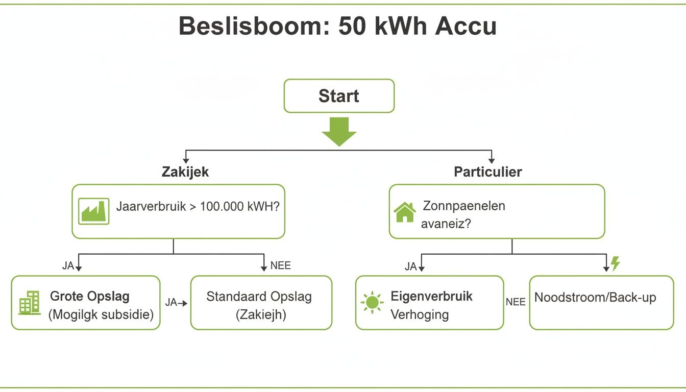 Beslisboom schema voor een 50 kWh accu, met zakelijke en particuliere toepassingen gebaseerd op energieverbruik en zonnepanelen.