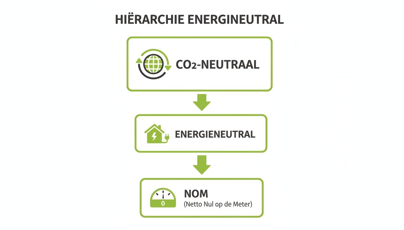 Wat is energieneutraal wonen? Een complete gids voor Nederland 2 Visueel schema dat de hiërarchie toont van energieneutraal, van CO2-neutraal tot Netto Nul op de Meter.