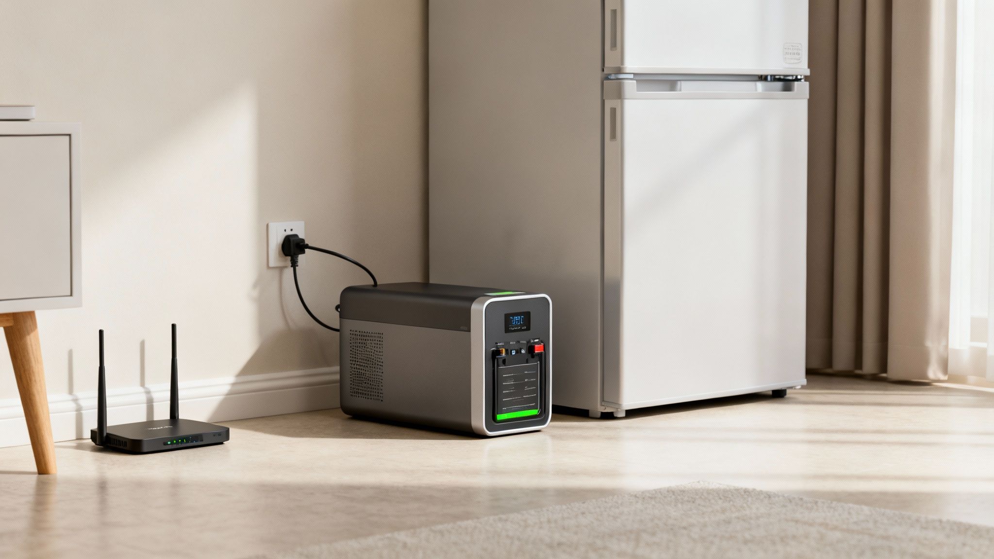 Een thuisbatterij levert noodstroom aan een router, aangesloten op een stopcontact naast een koelkast.
