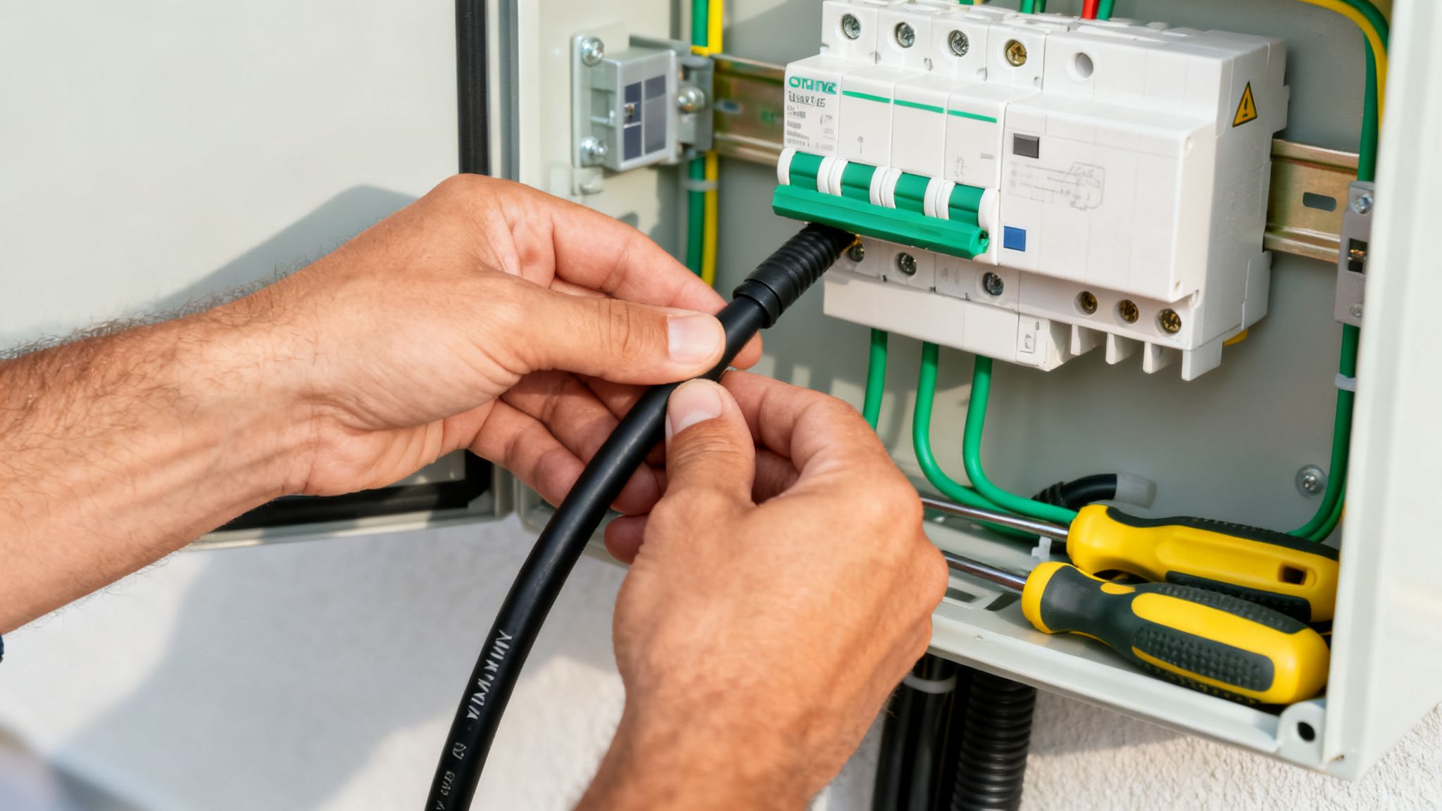 Aansluiting meterkast zonnepanelen: Alles over de installatie 4 Handen van een elektricien die een zwarte kabel aansluiten op een stroomonderbreker in een meterkast.