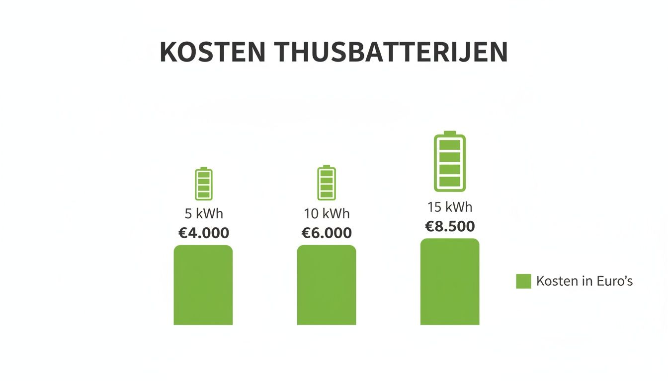 Wat kost een thuisbatterij voor zonnepanelen? Een compleet overzicht 2 Kostenoverzicht van thuisbatterijen met capaciteiten van 5 kWh, 10 kWh en 15 kWh en bijbehorende prijzen in euro's.
