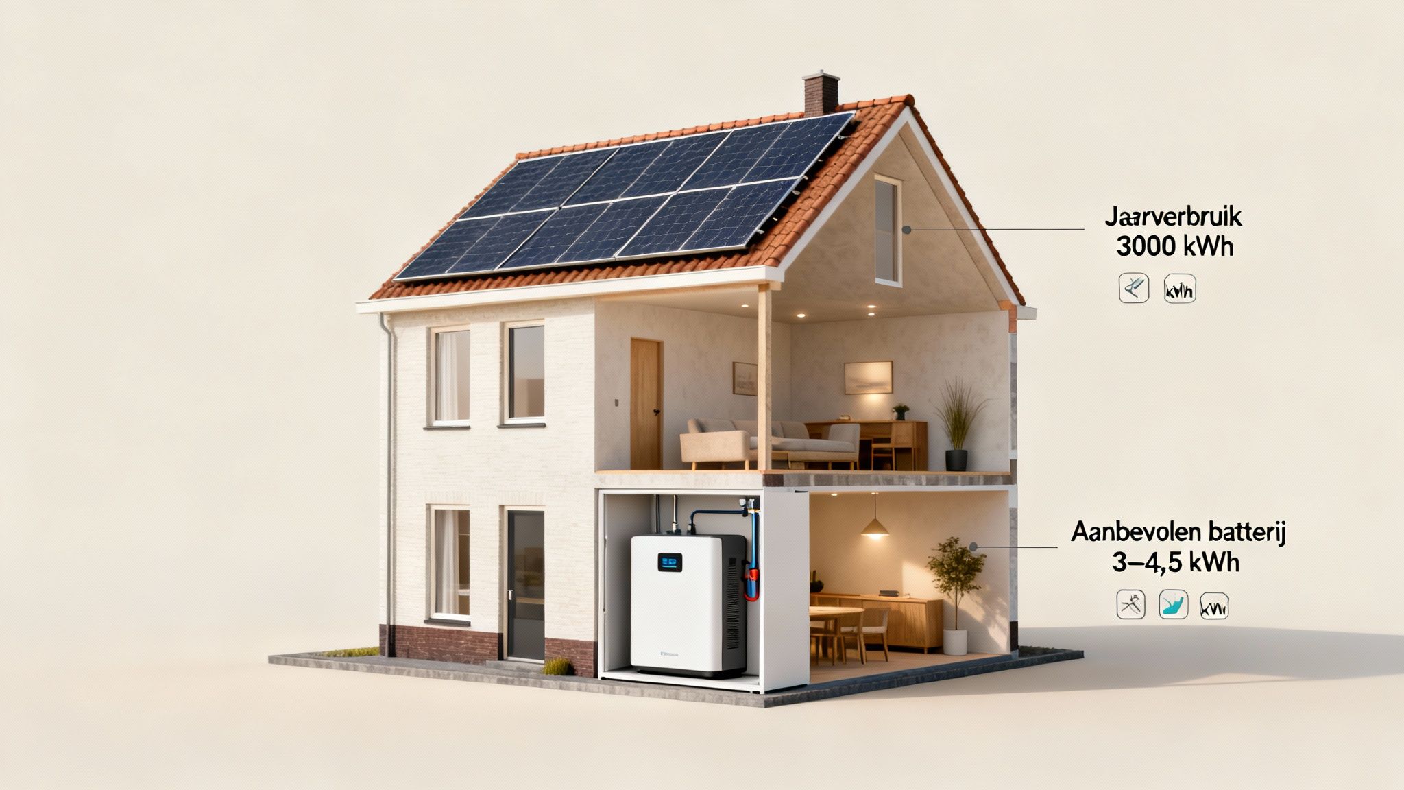 Welke thuisbatterij heb ik nodig en hoe maak ik de juiste keuze 2 Illustratie van een huis met zonnepanelen en thuisbatterij, toont jaarverbruik en aanbevolen batterijcapaciteit (3-4,5 kWh).