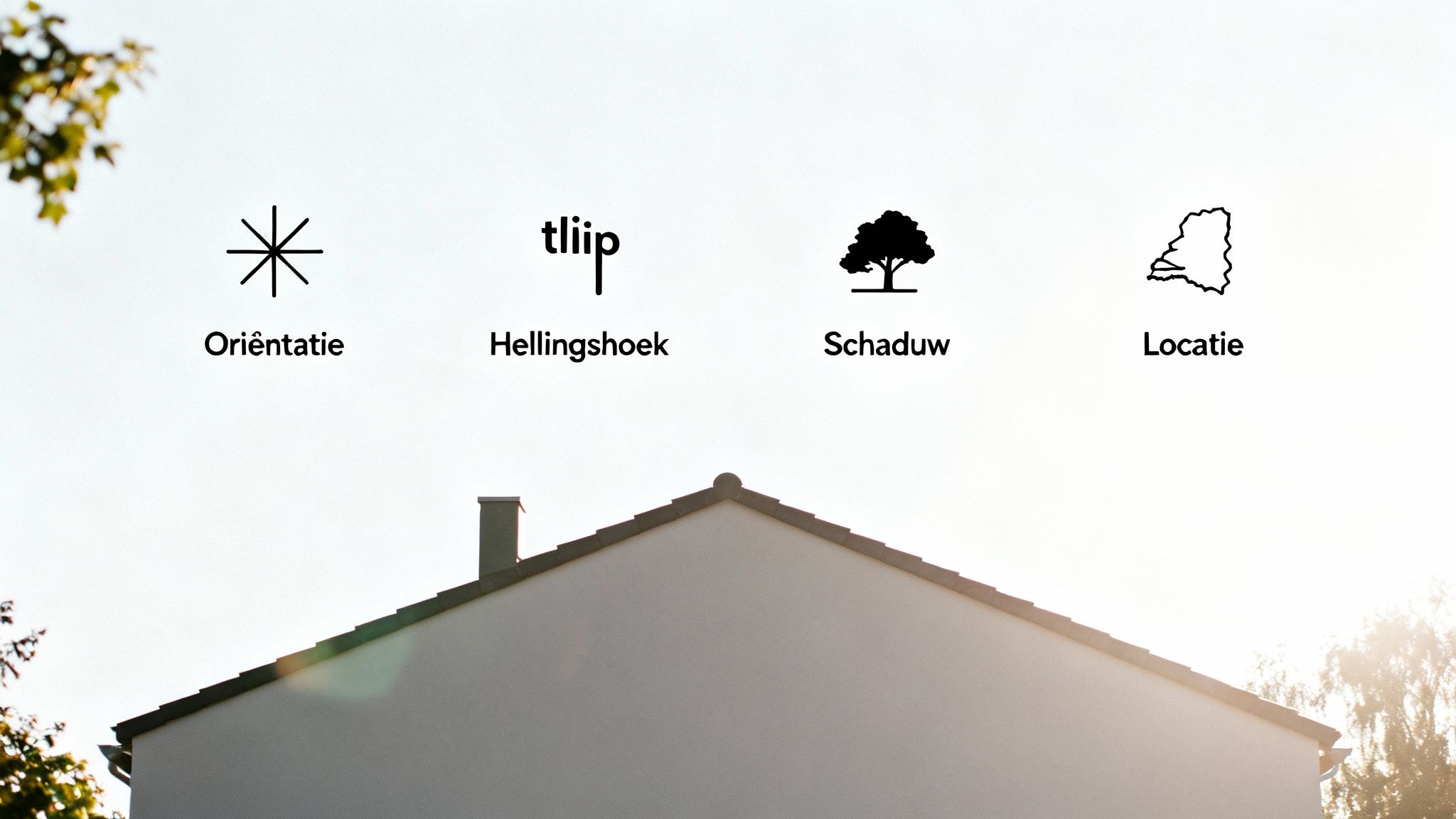 Vier symbolen en teksten voor oriëntatie, hellingshoek, schaduw en locatie, gerelateerd aan zonnepanelen, boven een dak.