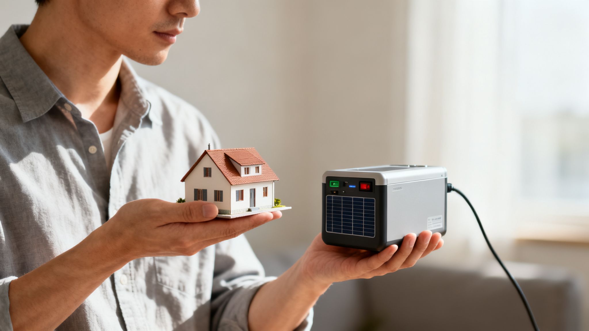 Persoon houdt miniatuurhuis en draagbare zonne-energiebron, voor groene energieoplossingen thuis.