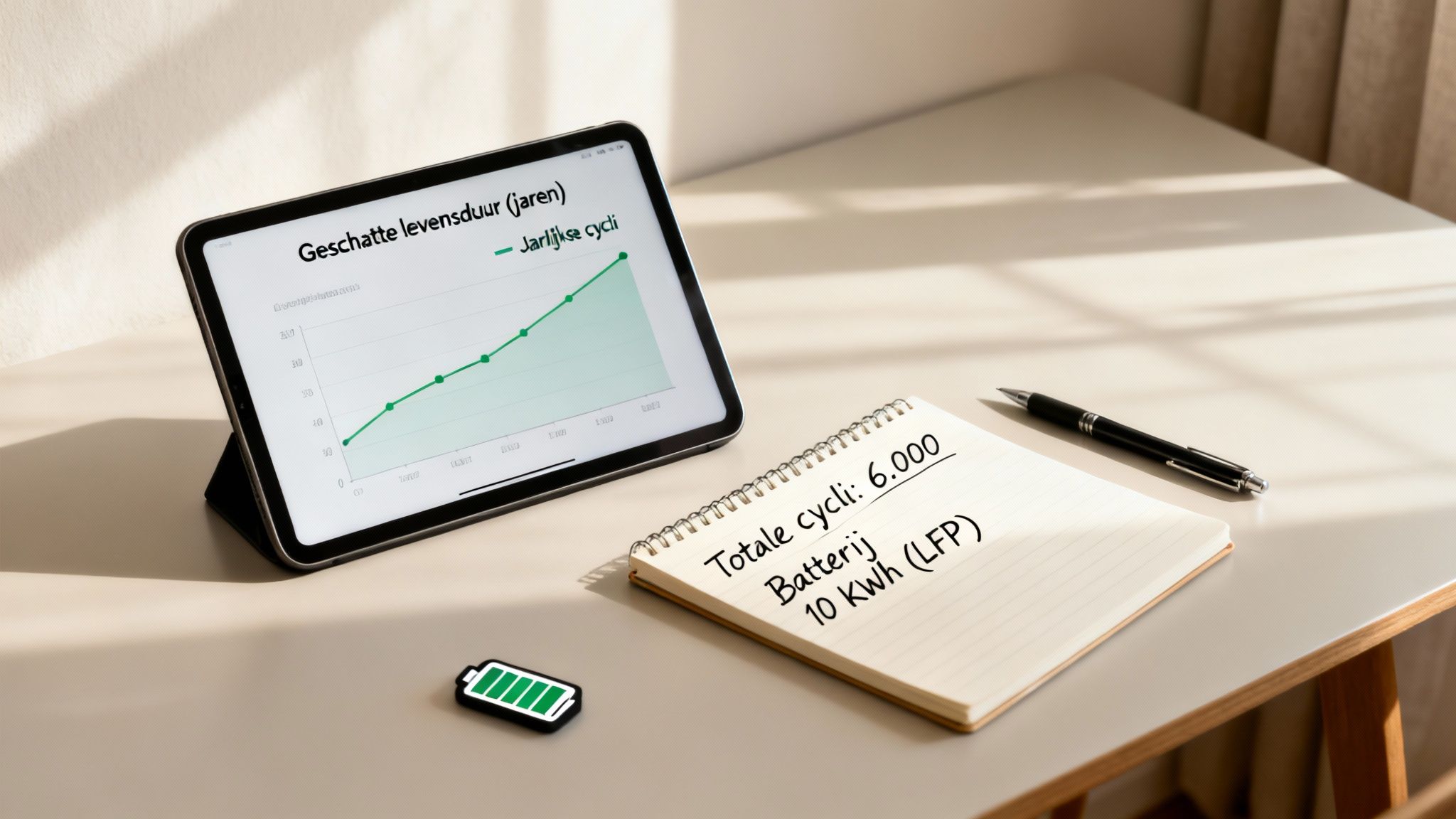 Hoe lang gaat een thuisbatterij mee? 4 Een tablet toont een grafiek van de geschatte levensduur van een thuisbatterij, naast een notitieblok met specificaties.