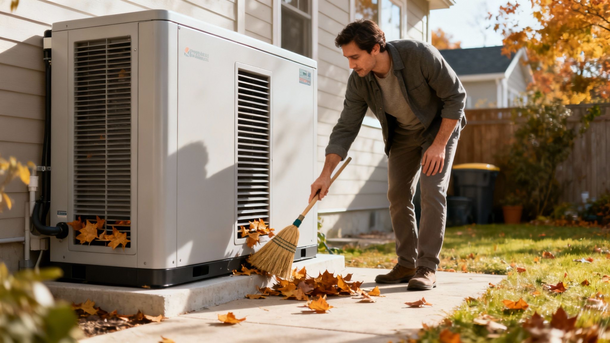 Man veegt herfstbladeren weg bij een thuisbatterij of warmtepomp buiten naast een huis.