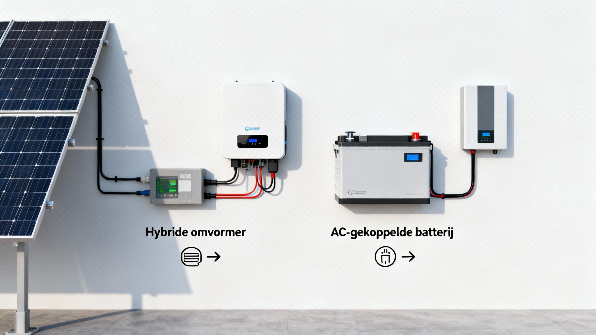 Welke thuisbatterij heb ik nodig en hoe maak ik de juiste keuze 3 Een schema van een zonne-energie systeem met zonnepanelen, hybride omvormer en AC-gekoppelde thuisbatterij.