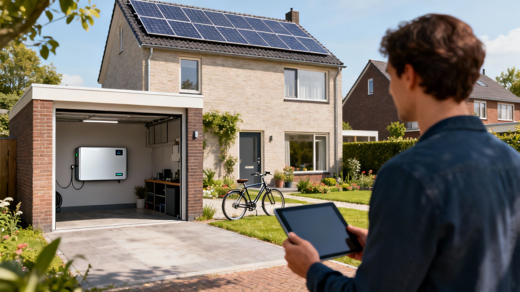 Man controleert zonnepanelen en thuisbatterij bij een duurzaam huis met tablet.