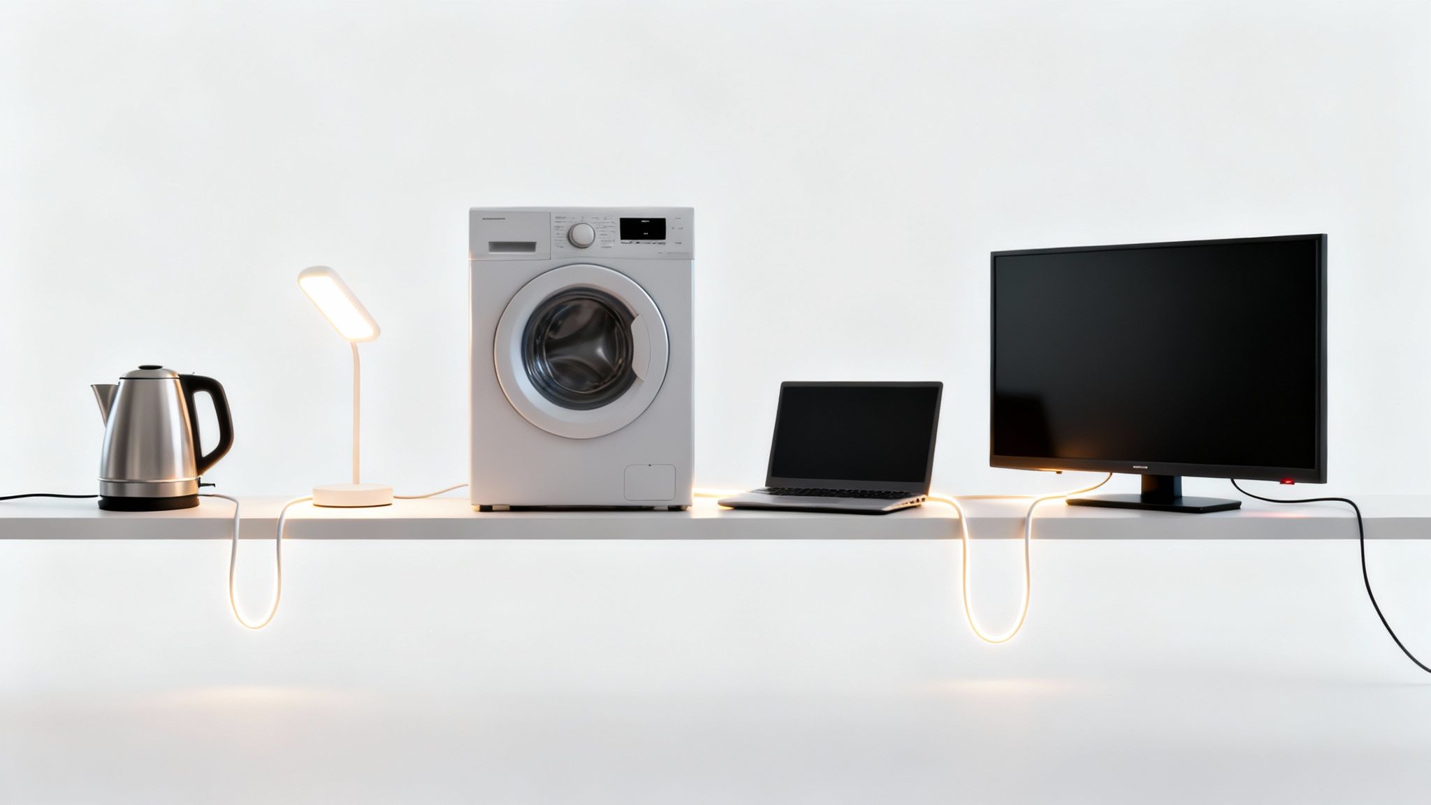Wat is kWh en hoe beïnvloedt het je energierekening? 4 Diverse elektrische apparaten op een plank met gloeiende stroomkabels, waaronder een waterkoker, wasmachine en monitor.