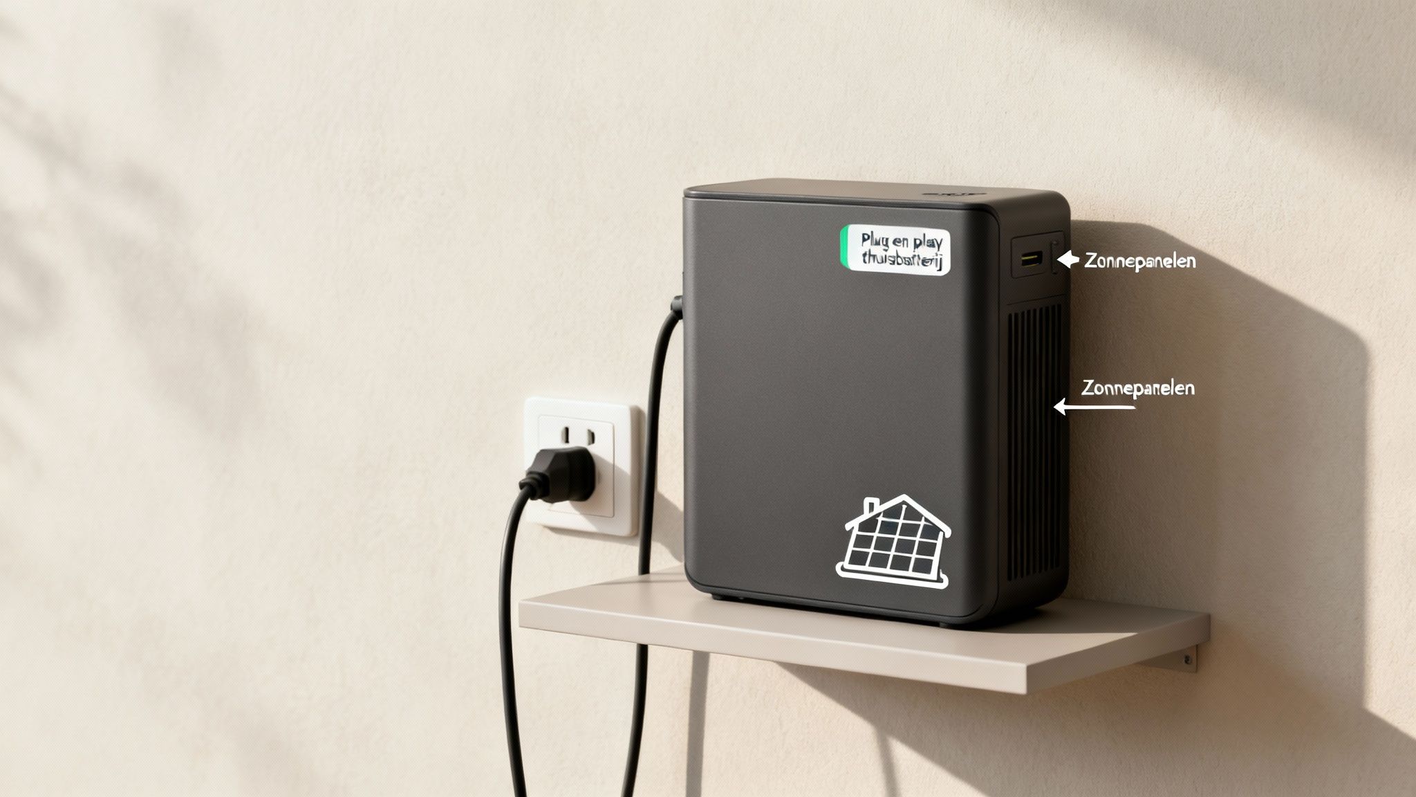 Een plug-and-play thuisbatterij op een plank, aangesloten op een stopcontact, met ingangen voor zonnepanelen.