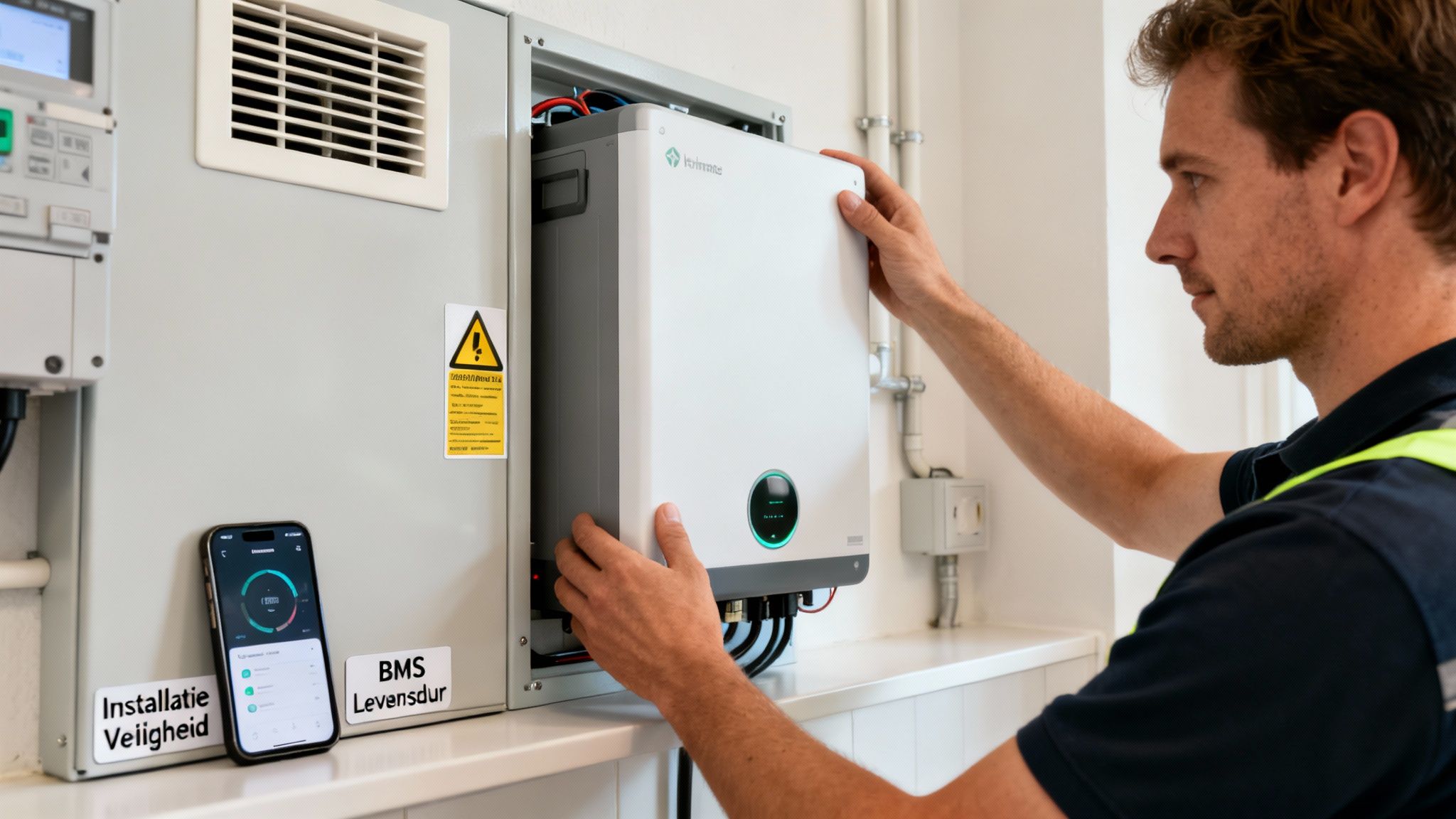 Zonnepanelen met accu: een complete gids voor thuisopslag 4 Een man installeert een energieopslagsysteem, met een smartphone-app die de energieproductie toont.