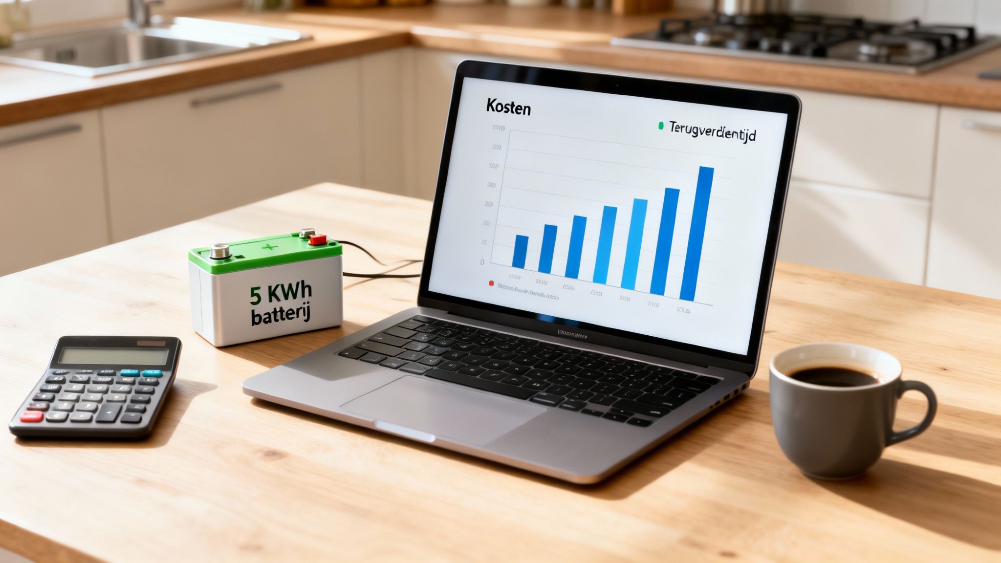 Is een 5 kWh thuisbatterij de juiste keuze voor jouw huis? 3 Een 5 kWh thuisbatterij met laptop die kosten en terugverdientijd toont, en een rekenmachine op een keukentafel.