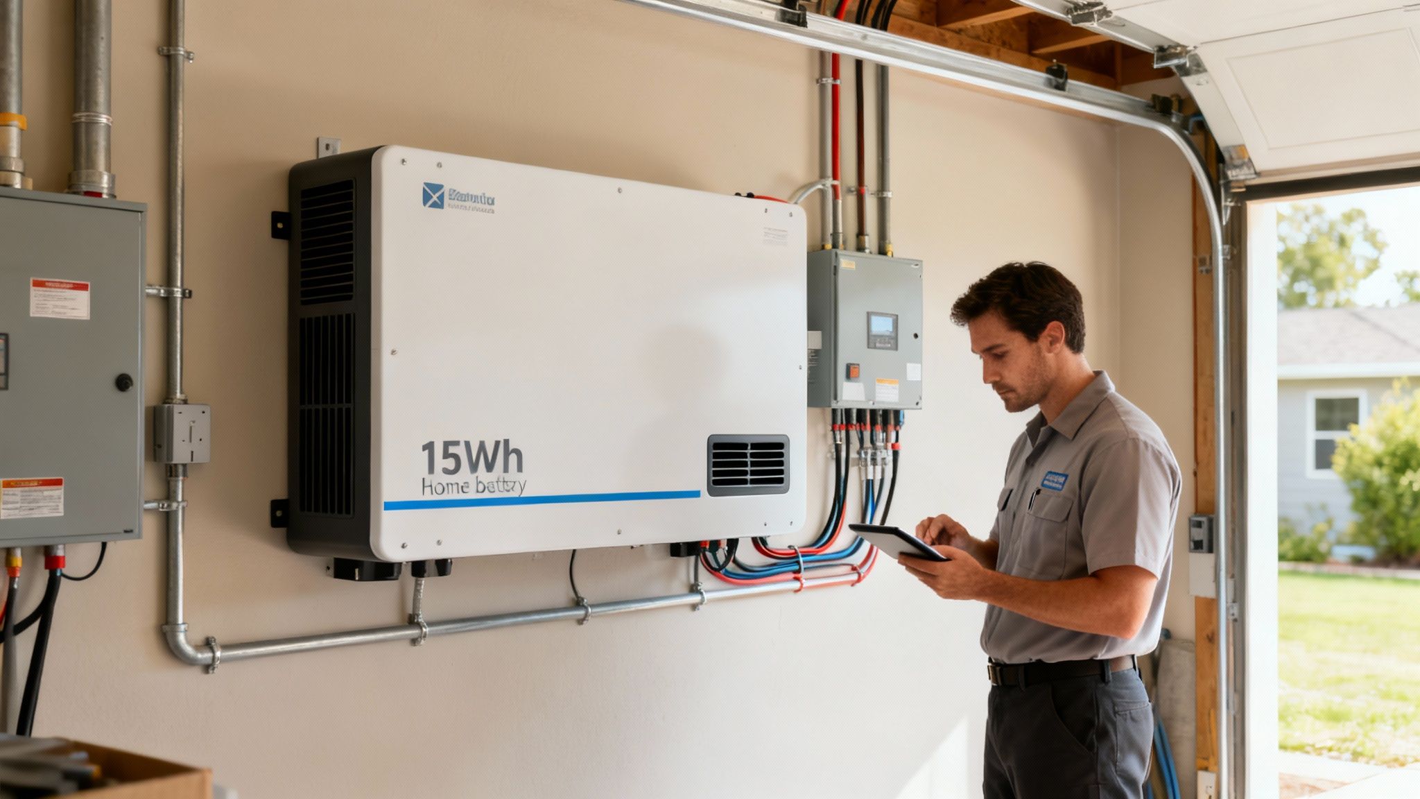 Een monteur controleert een 15 kWh thuisbatterij systeem in een garage met een tablet, naast elektrische panelen.