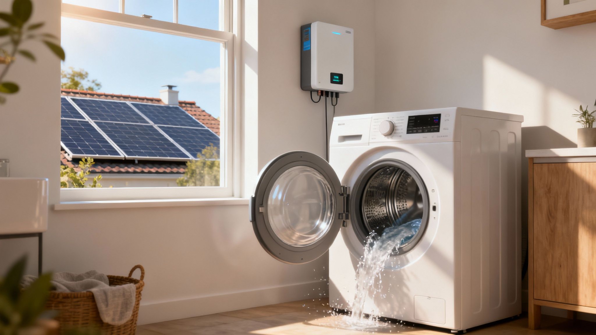 Een wasmachine in een wasruimte, met een zonne-omvormer en zonnepanelen op een dak, symboliseert energie-efficiëntie.