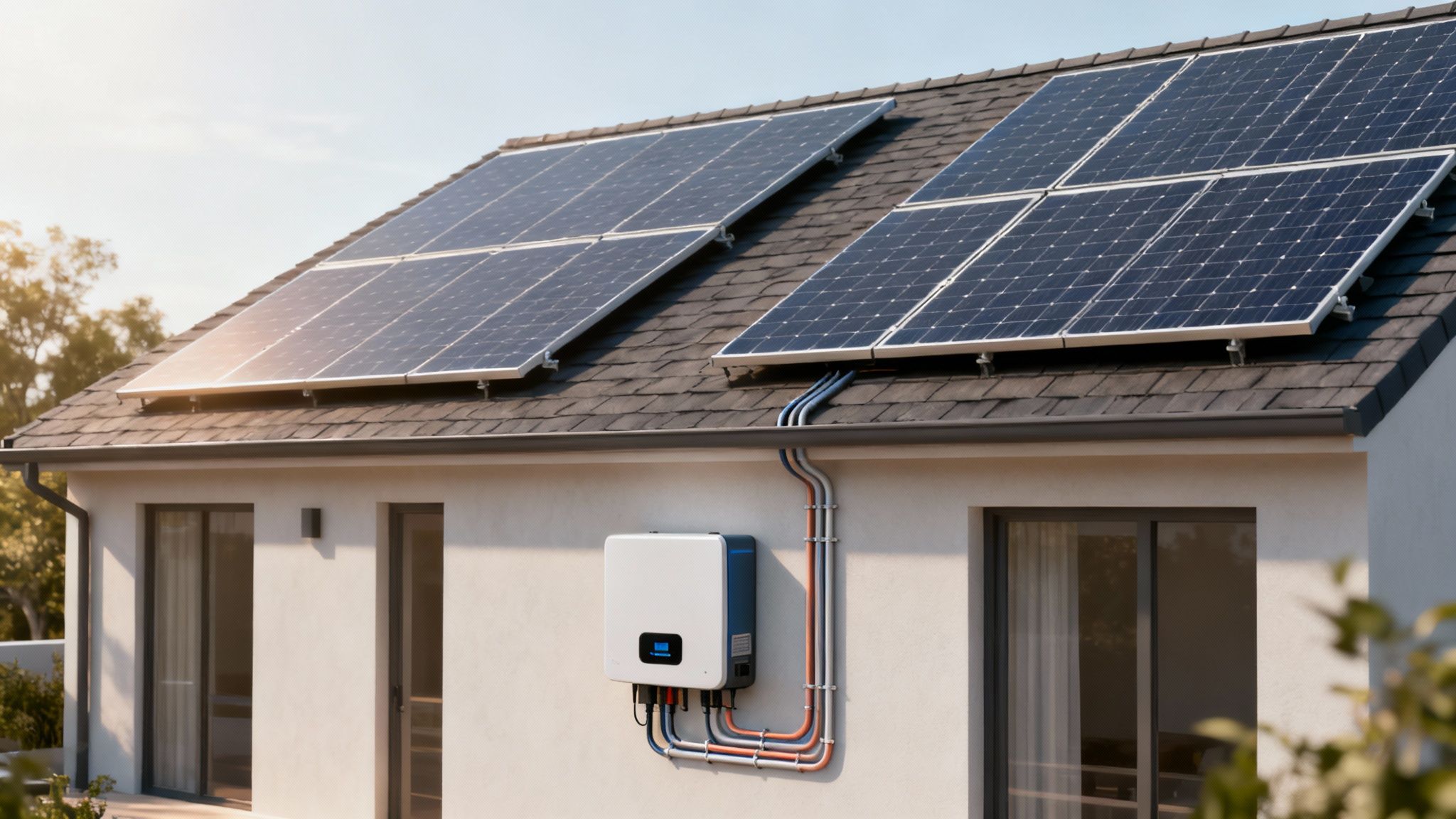Zonnepanelen en een hybride omvormer op het dak en de muur van een moderne woning.