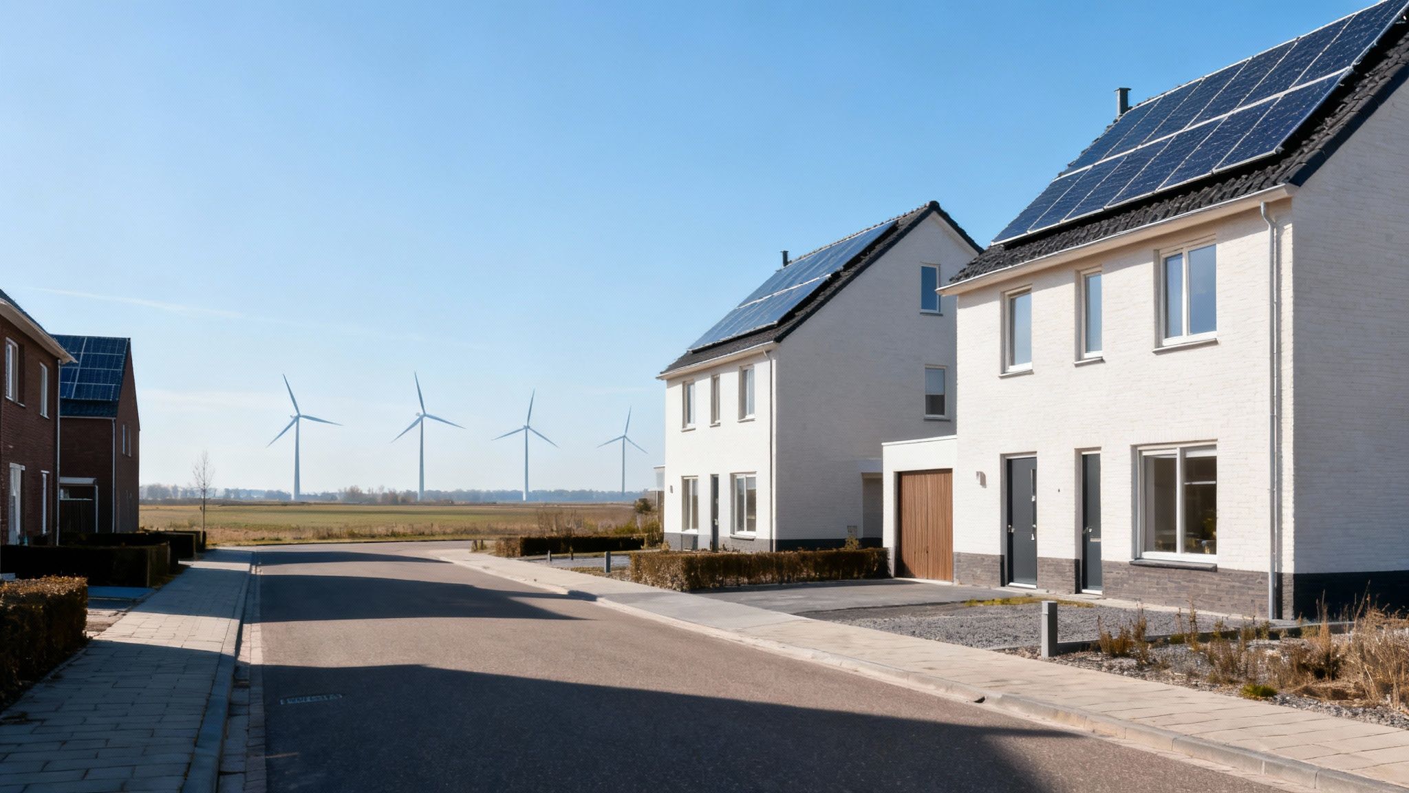 Moderne woonwijk met huizen met zonnepanelen, een rustige straat en windturbines op de horizon.