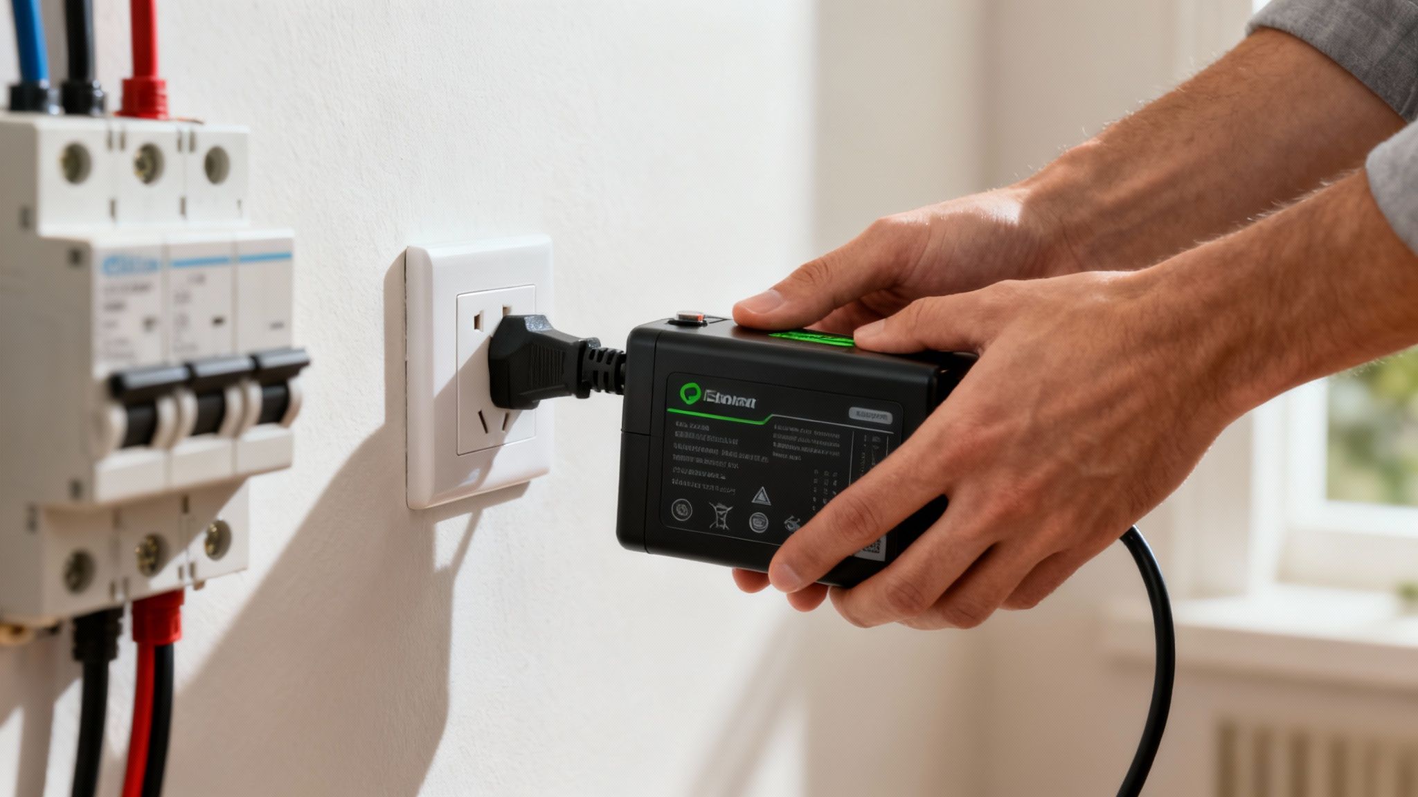 Man sluit een zwarte Eneza thuisbatterij met stekker aan op een stopcontact, naast een zekeringkast.