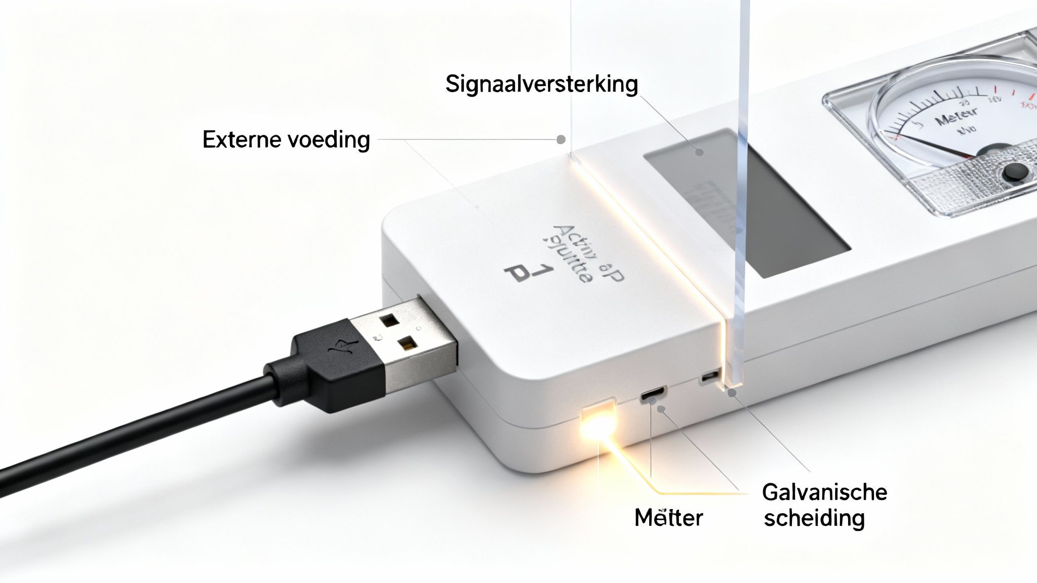 Een close-up van een witte actieve P1 splitter met aangesloten USB-kabel en diverse functionaliteitslabels.