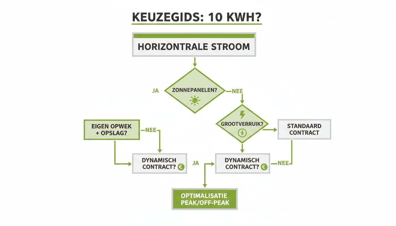 Stroomdiagram voor de keuze van een energiecontract bij 10 kWh, gebaseerd op zonnepanelen, verbruik en opslag.