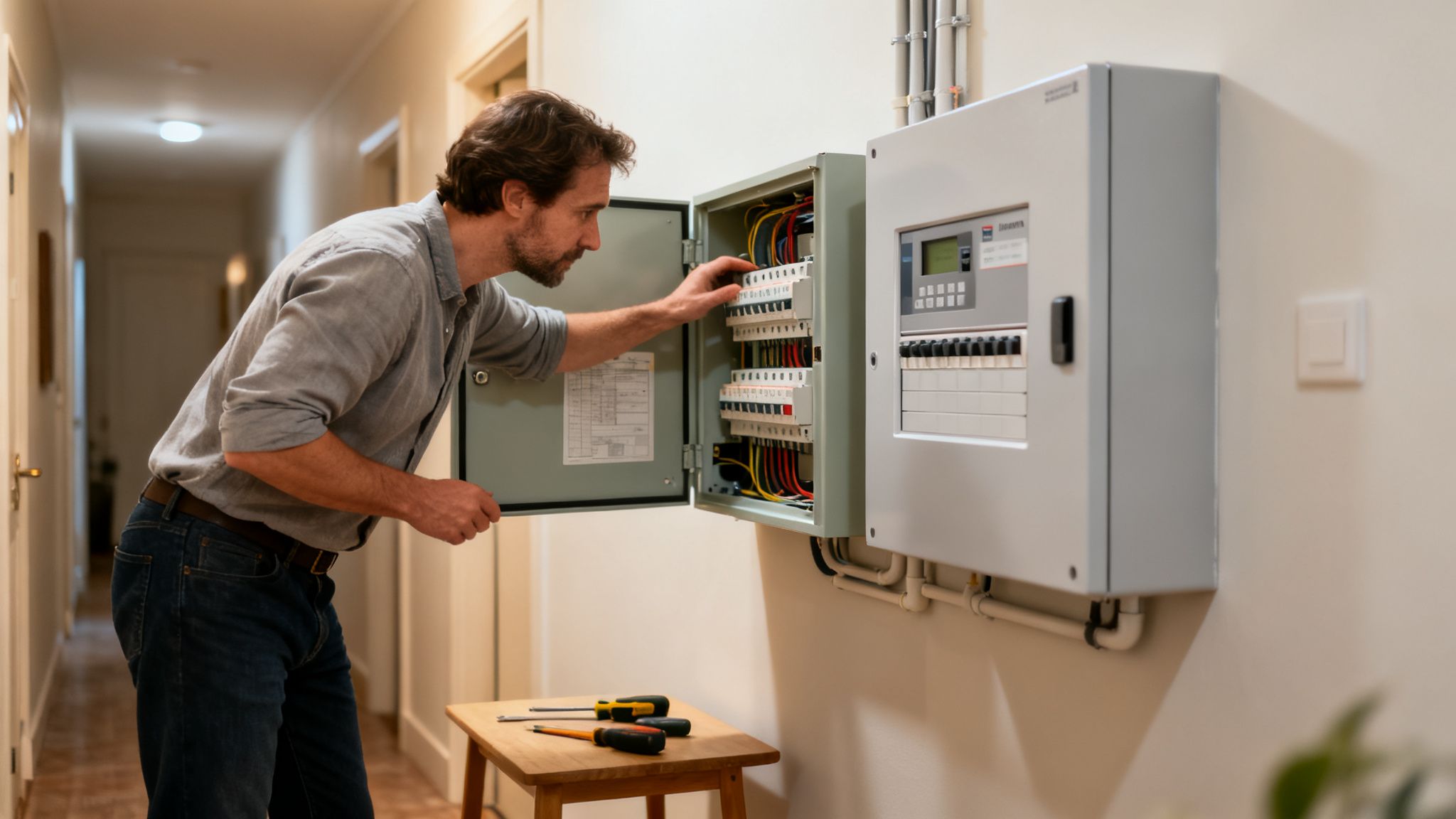 Aansluiting meterkast zonnepanelen: Alles over de installatie 3 Man inspecteert bedrading in een open meterkast, met gereedschap op een krukje ernaast.