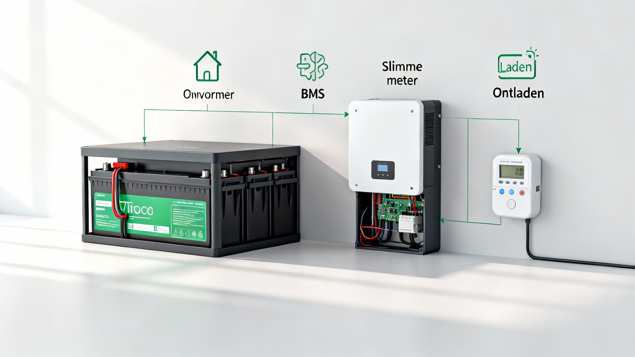 Illustratie van een thuisbatterij systeem met omvormer, BMS en slimme meter voor laden en ontladen.