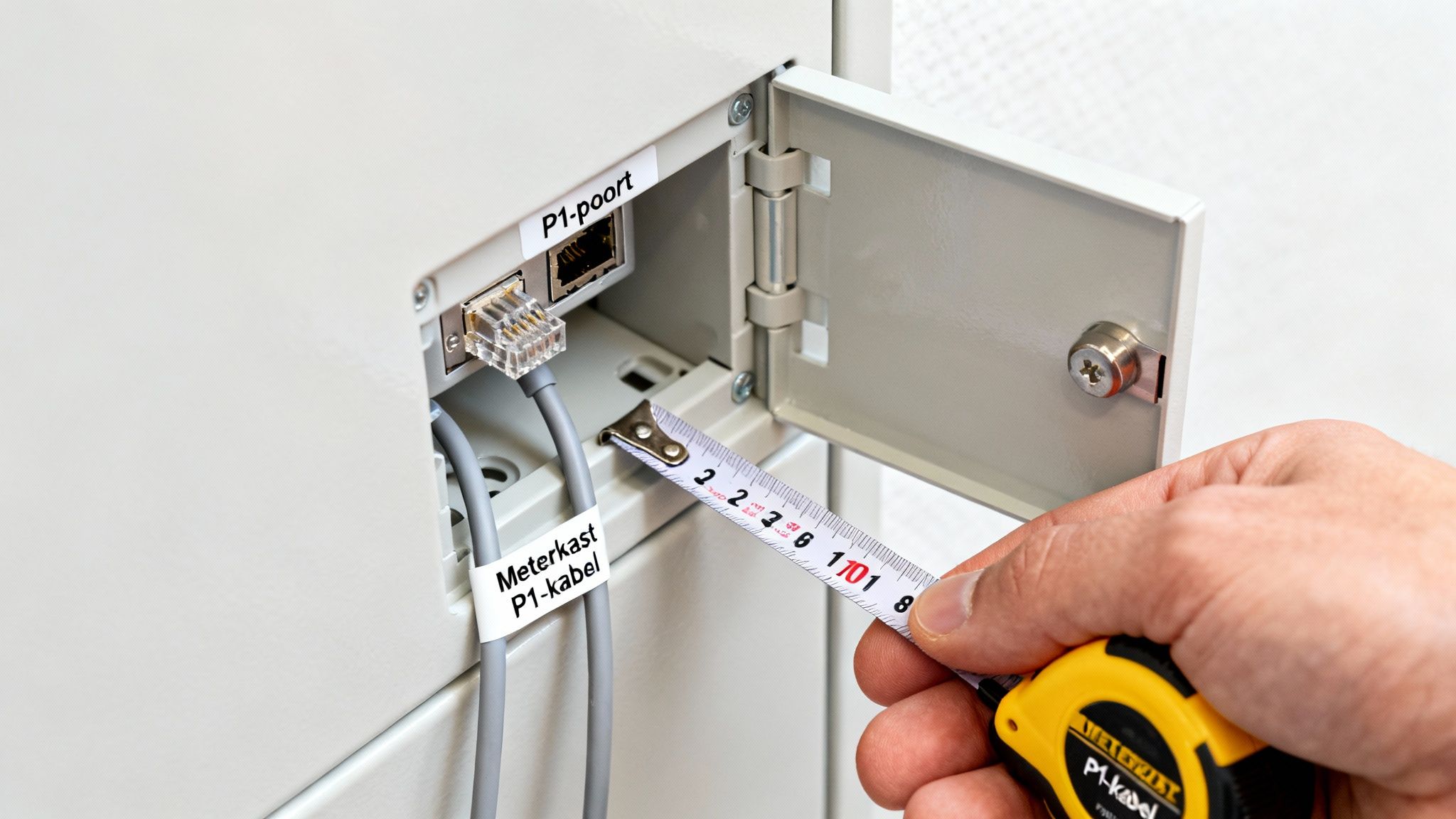 P1 meter installatie: een complete handleiding 3 Hand meet de afstand van een P1-kabel en P1-poort in een meterkast met een meetlint.
