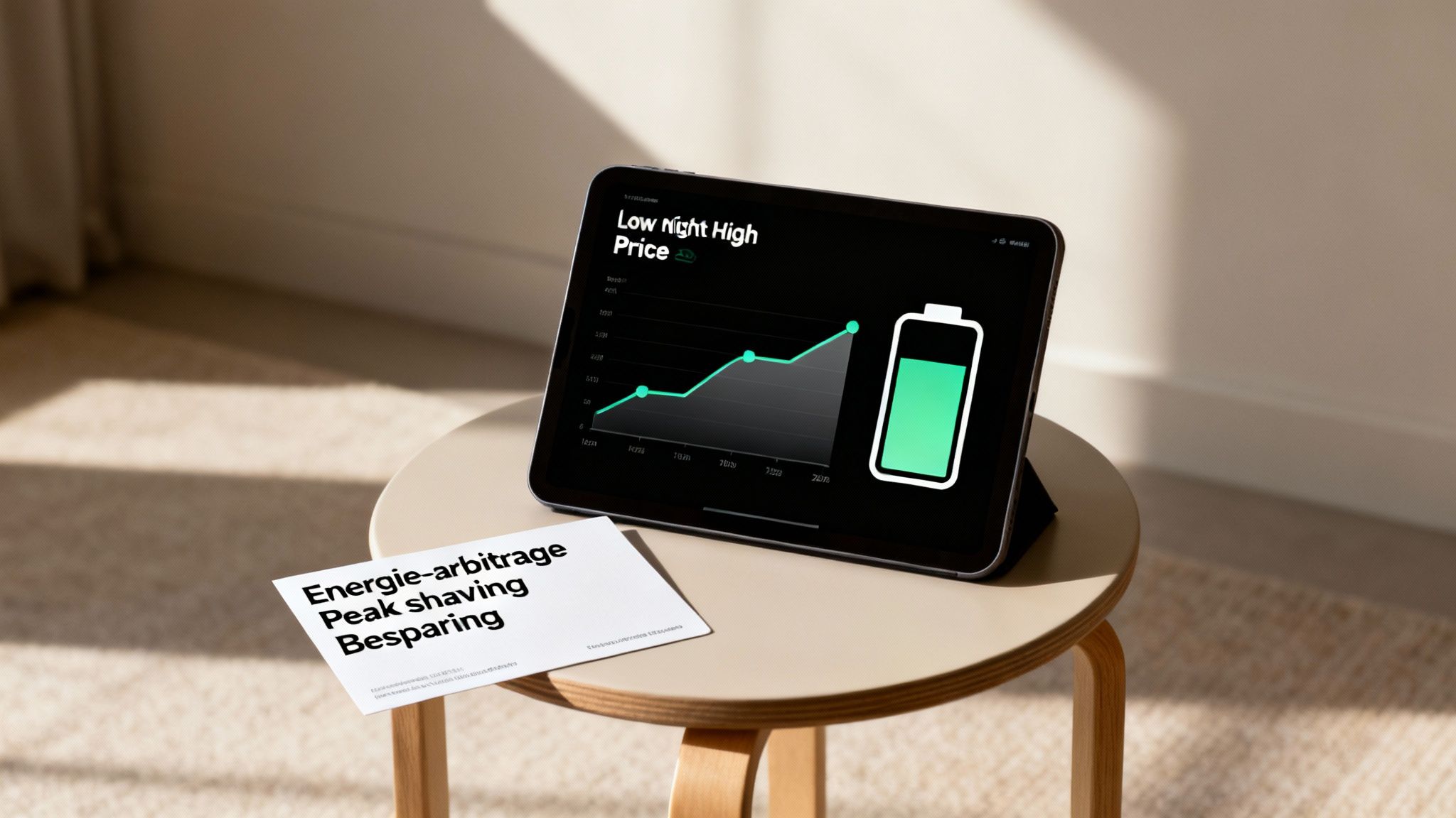 Een tablet toont een grafiek van energieprijzen en een batterij-icoon, naast een kaart met 'Energie-arbitrage'.