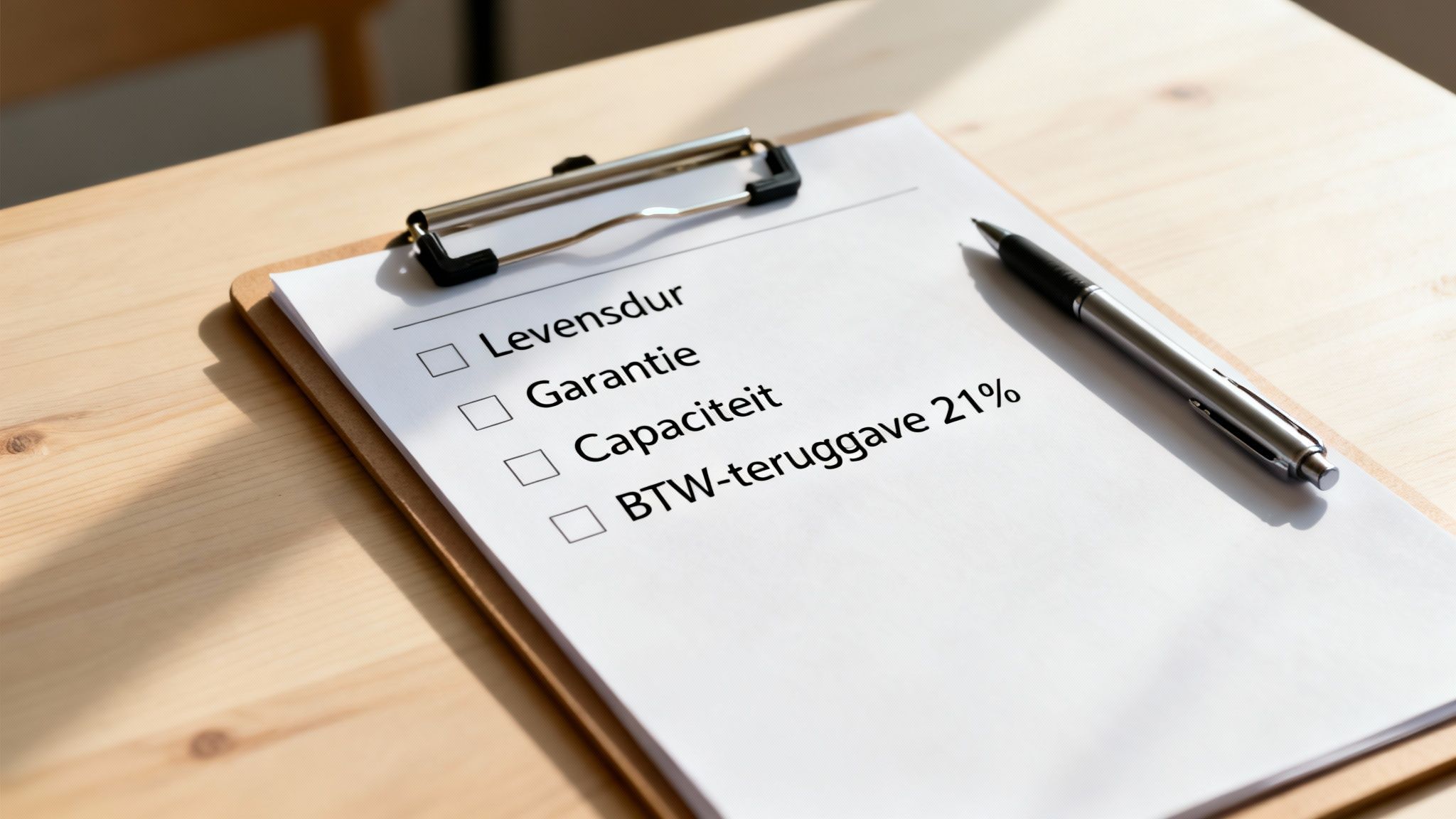 Klembord met checklist over levensduur, garantie, capaciteit en btw-teruggave voor een thuisbatterij op een houten tafel.