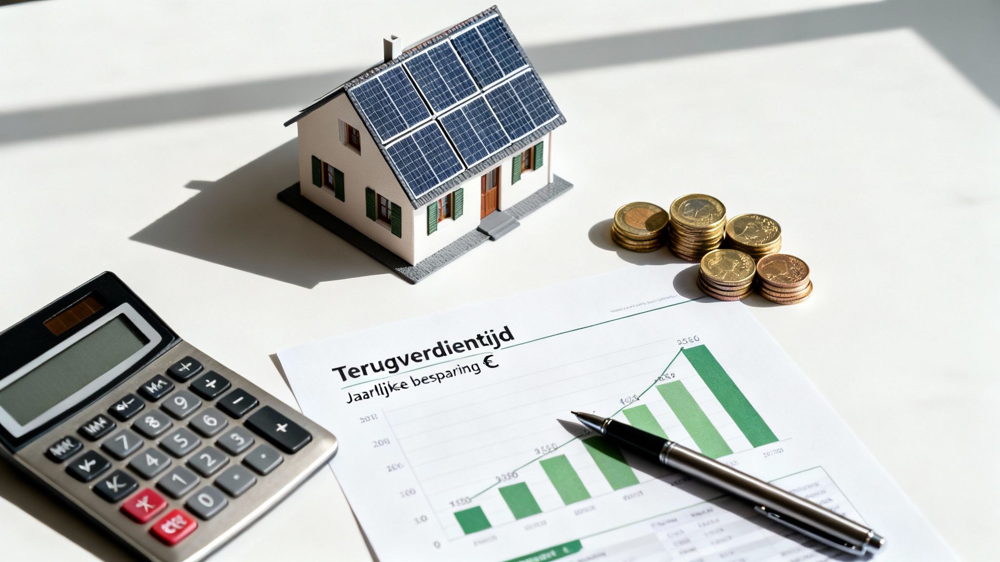 Wat kost een thuisbatterij voor zonnepanelen? Een compleet overzicht 4 Een miniatuurhuis met zonnepanelen, calculator, euro munten en grafiek over de terugverdientijd en besparingen.