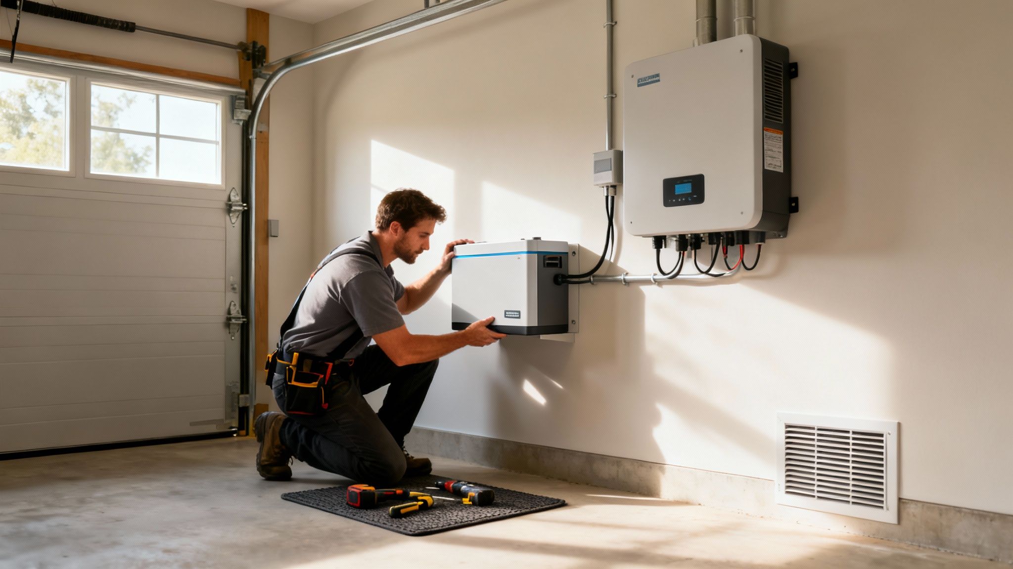 Monteur installeert een thuisbatterij voor zonnepanelen in een garage, naast een omvormer aan de muur.