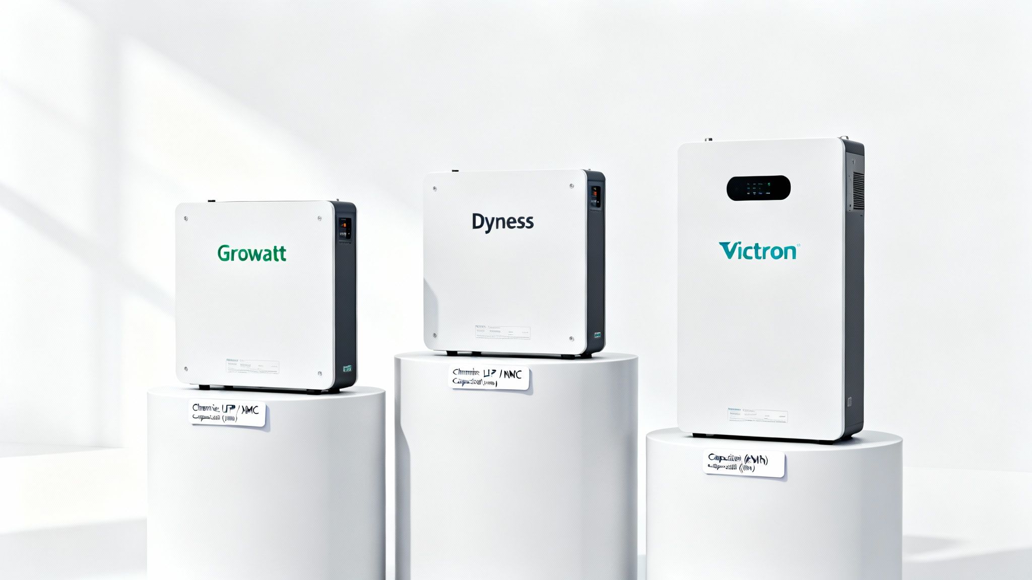 Beste thuisbatterij volgens de Consumentenbond: Onafhankelijke criteria voor uw keuze 4 Drie thuisbatterijen van Growatt, Dyness en Victron staan op witte sokkels met specificatielabels.
