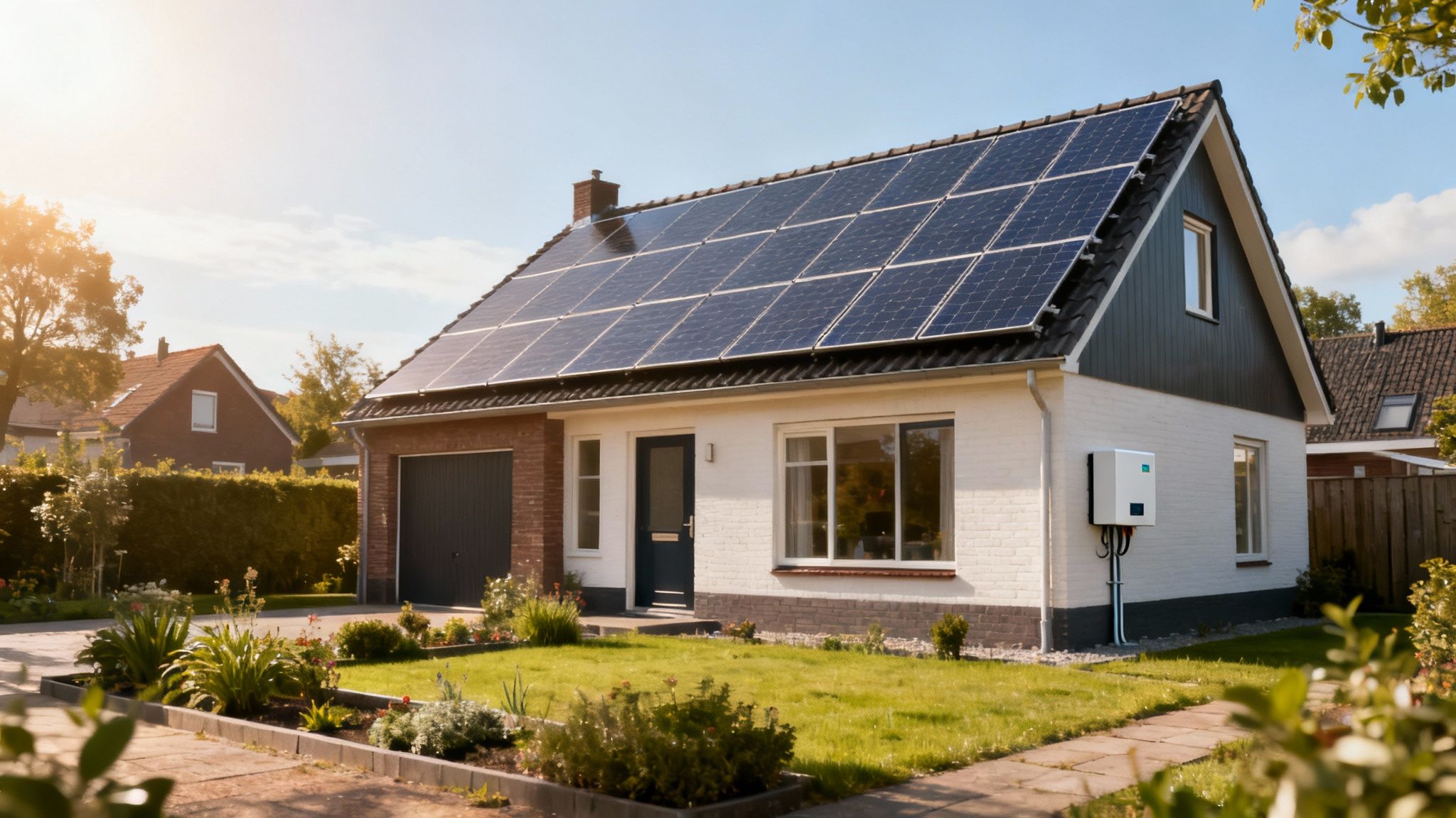 Een modern huis met zonnepanelen op het dak en een omvormer aan de zijkant, omringd door een groene tuin onder een zonnige hemel.