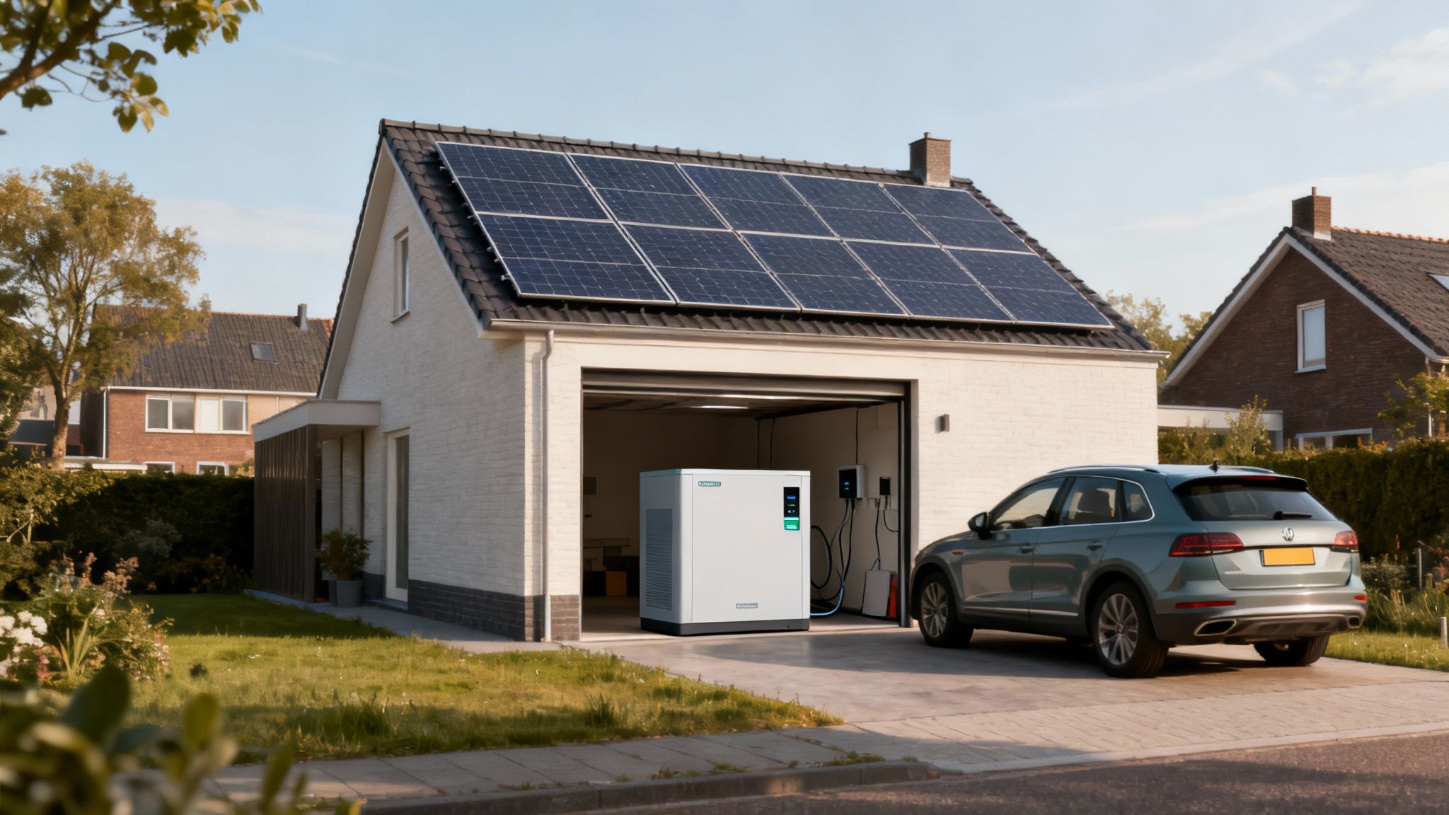 Een huis met zonnepanelen op het dak, een thuisbatterij in de garage en een elektrische auto die oplaadt.