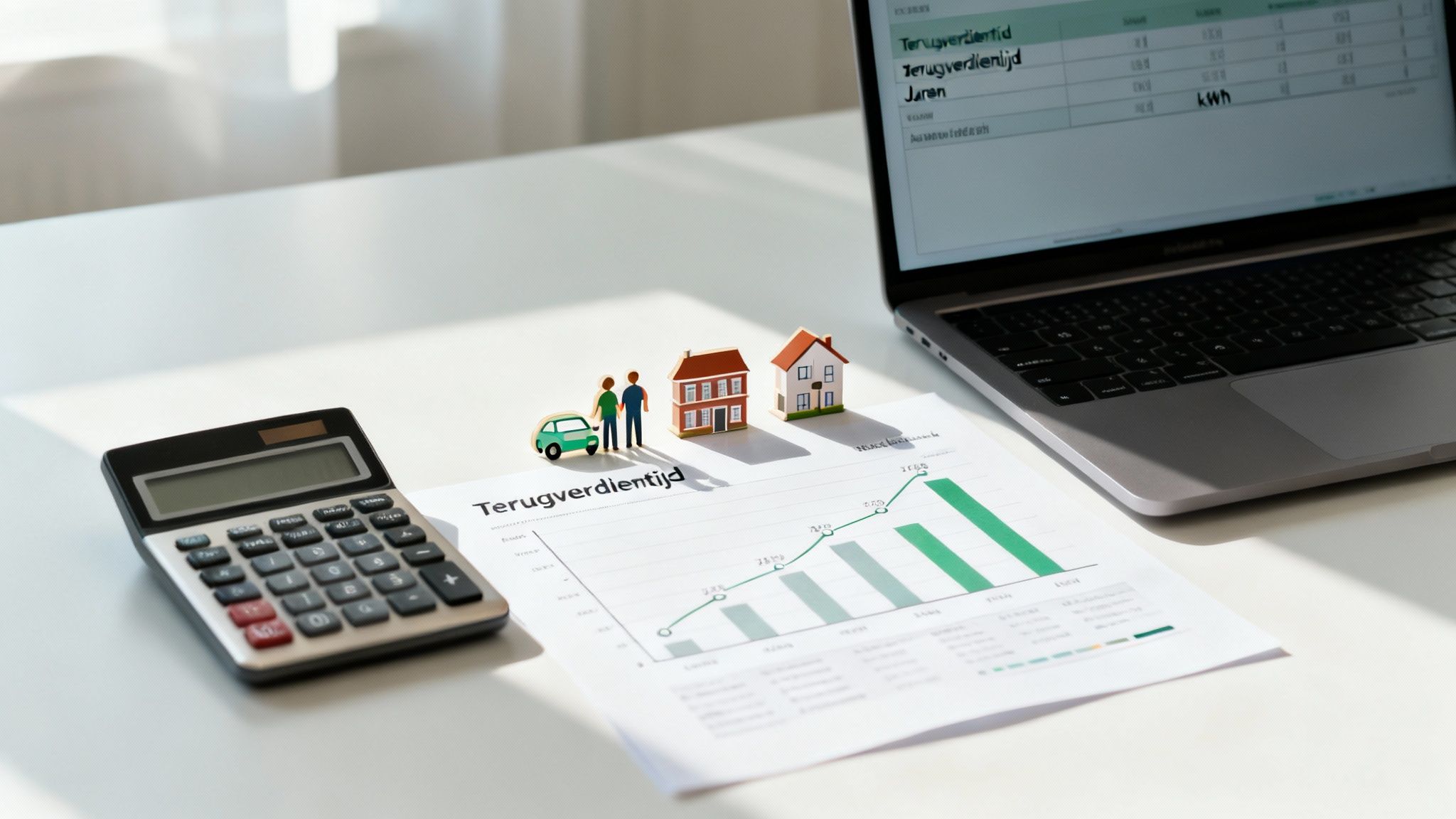 Is een thuisbatterij rendabel? Kosten, terugverdientijd en de situatie in Nederland 4 Een bureau met een calculator, laptop en documenten over terugverdientijd, inclusief miniatuur huizen en auto.