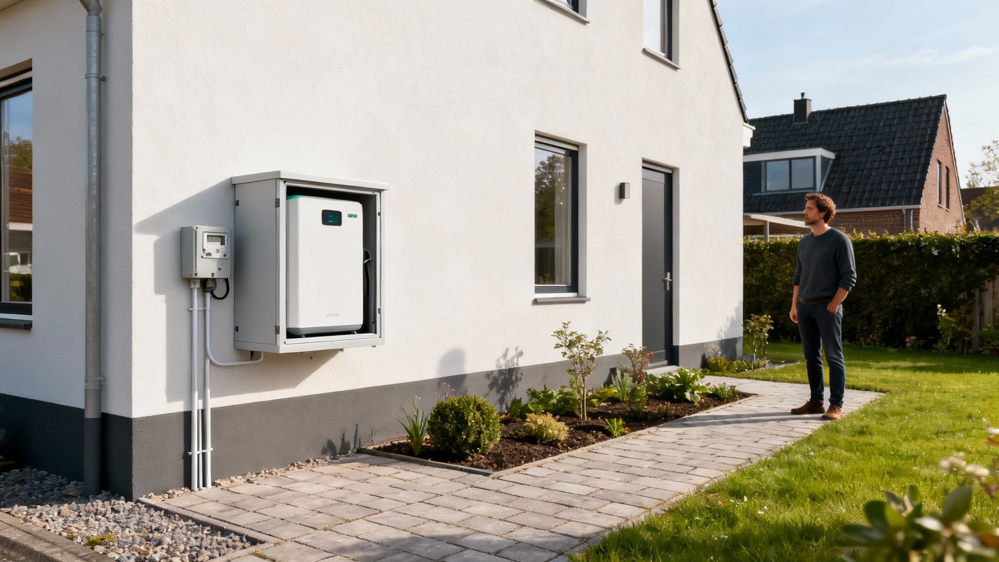 Man in tuin kijkt naar huis met buiten geplaatste thuisbatterij, omringd door groen en bestrating.