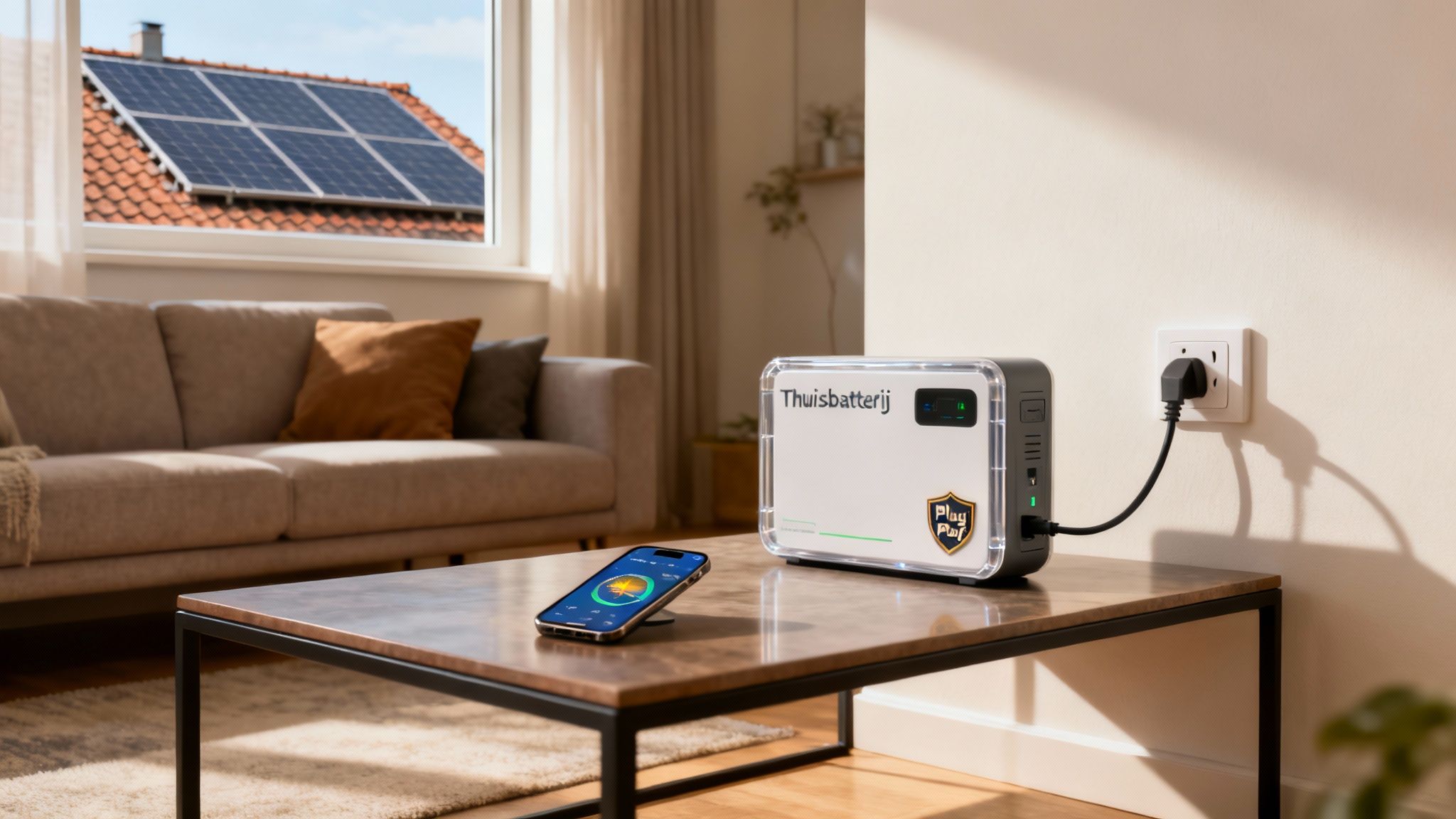 Draagbare thuisbatterij met zonnepanelen op de achtergrond en smartphone met energie-app in een woonkamer.