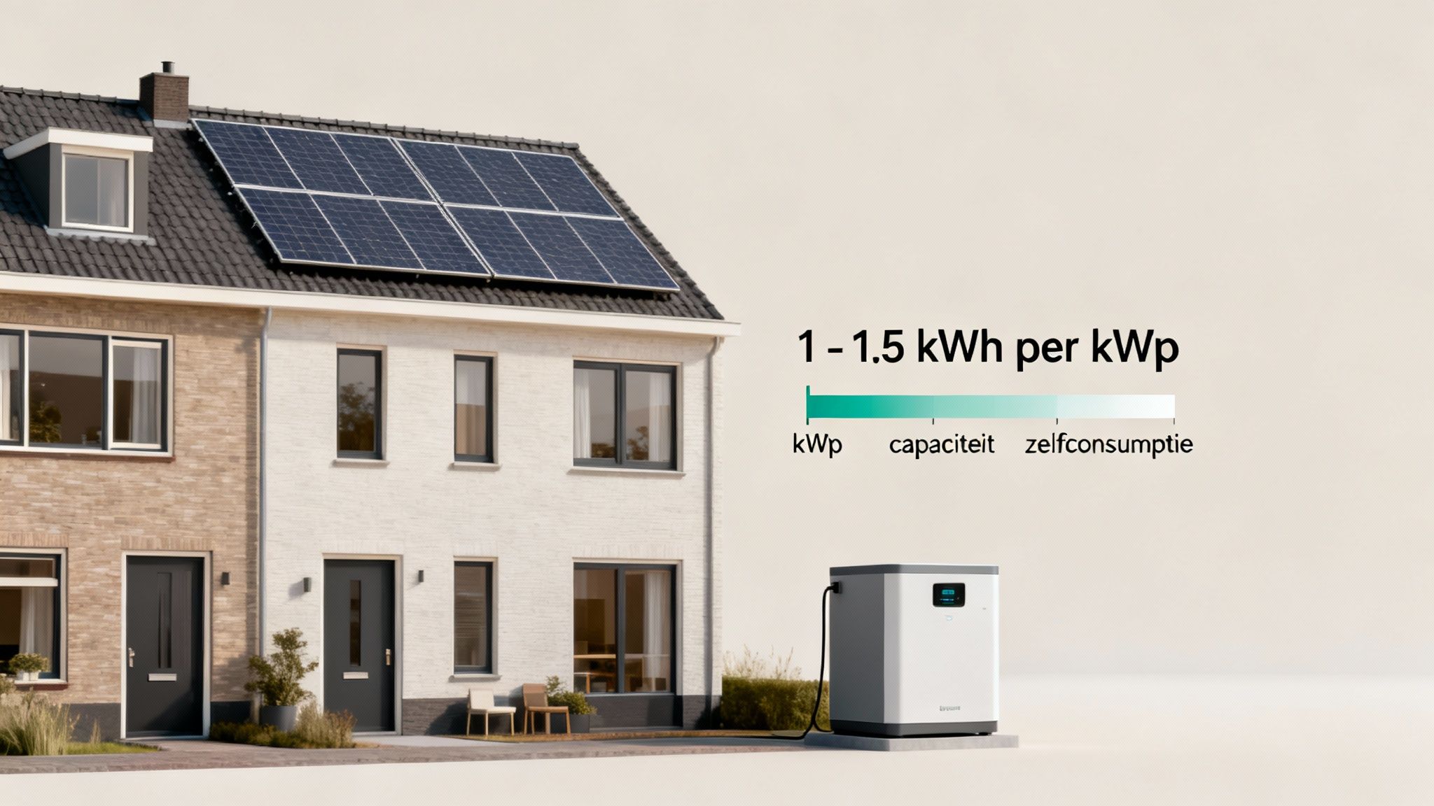 Twee huizen met zonnepanelen en een thuisbatterij, illustrerend duurzame energie en zelfconsumptie.