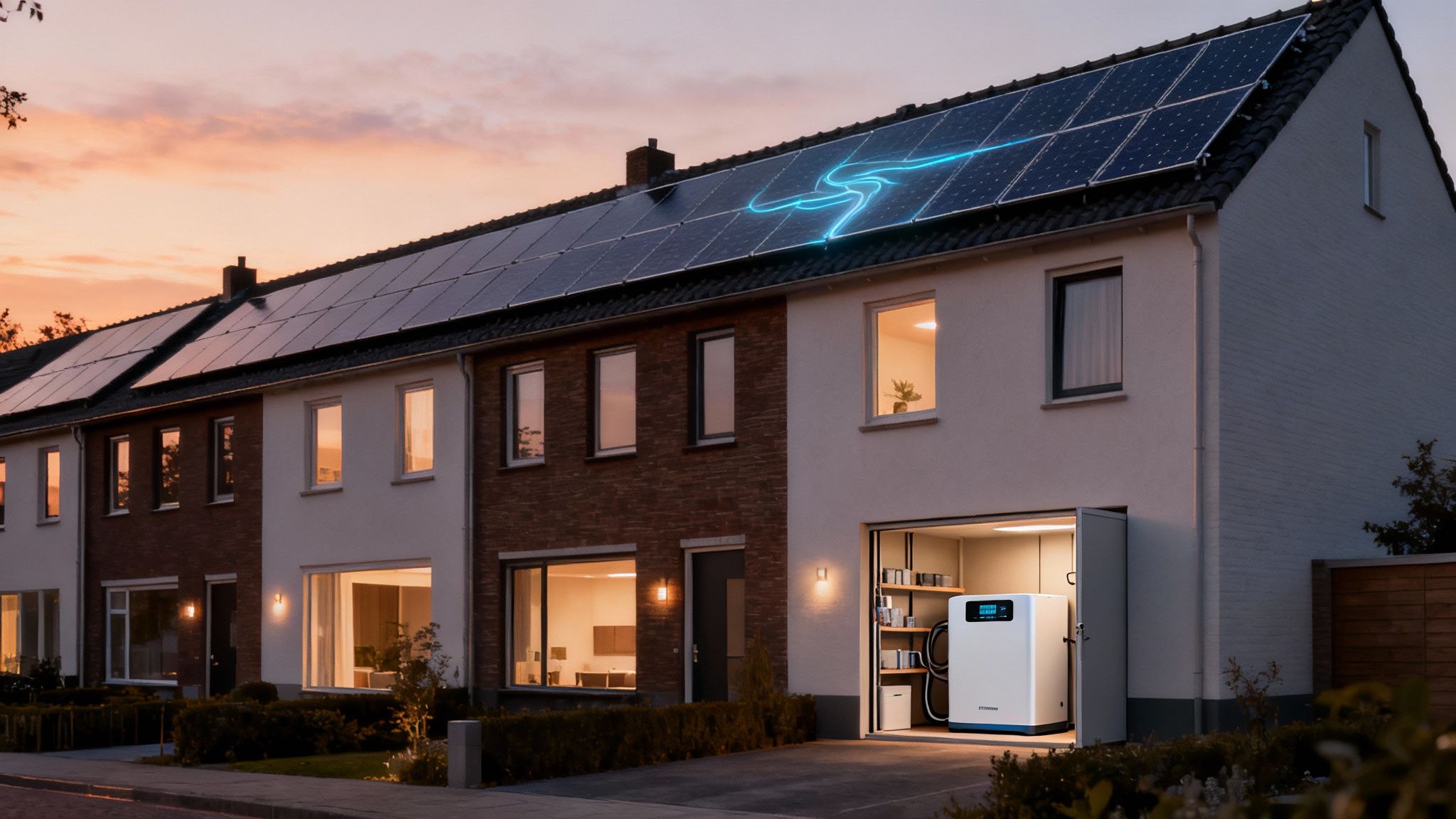 Rijhuizen met zonnepanelen op daken en een thuisbatterij in een open garage bij zonsondergang.