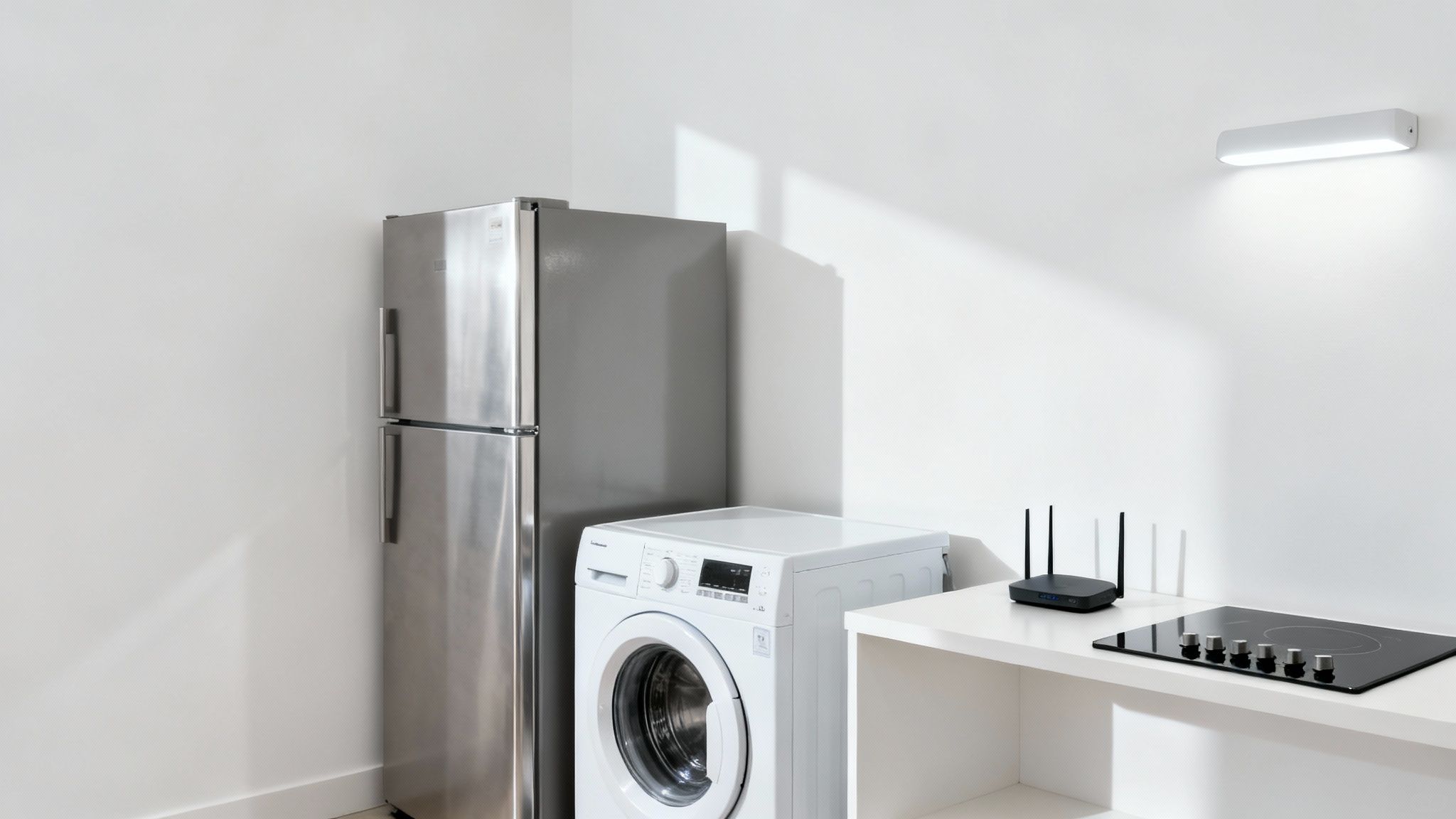 Een moderne keukenhoek met een zilveren koelkast, witte wasmachine, wifi-router en inductiekookplaat op een wit aanrecht.