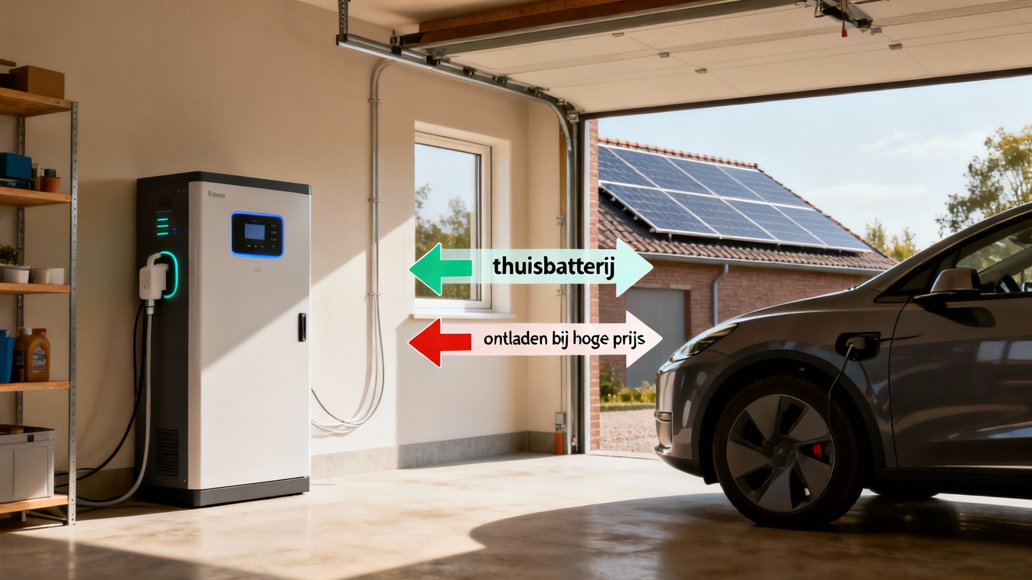 Een thuisbatterij en elektrische auto laden op in een garage, met zonnepanelen op het dak.