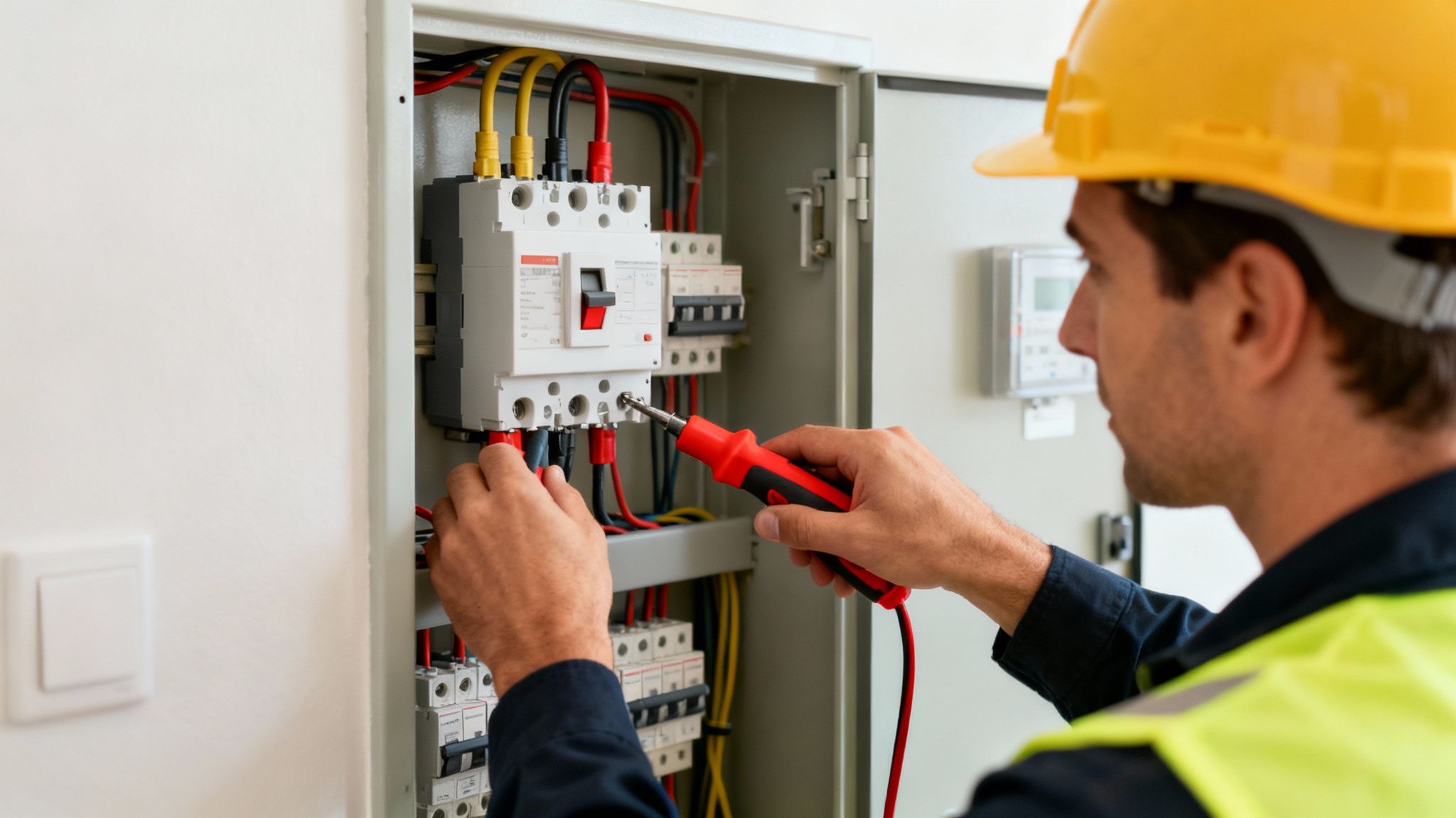 Wat is krachtstroom? Een heldere uitleg over 1-fase- en 3-faseaansluitingen 5 Een elektricien met gele helm en veiligheidsvest werkt nauwkeurig aan een elektrische zekeringkast met een schroevendraaier.