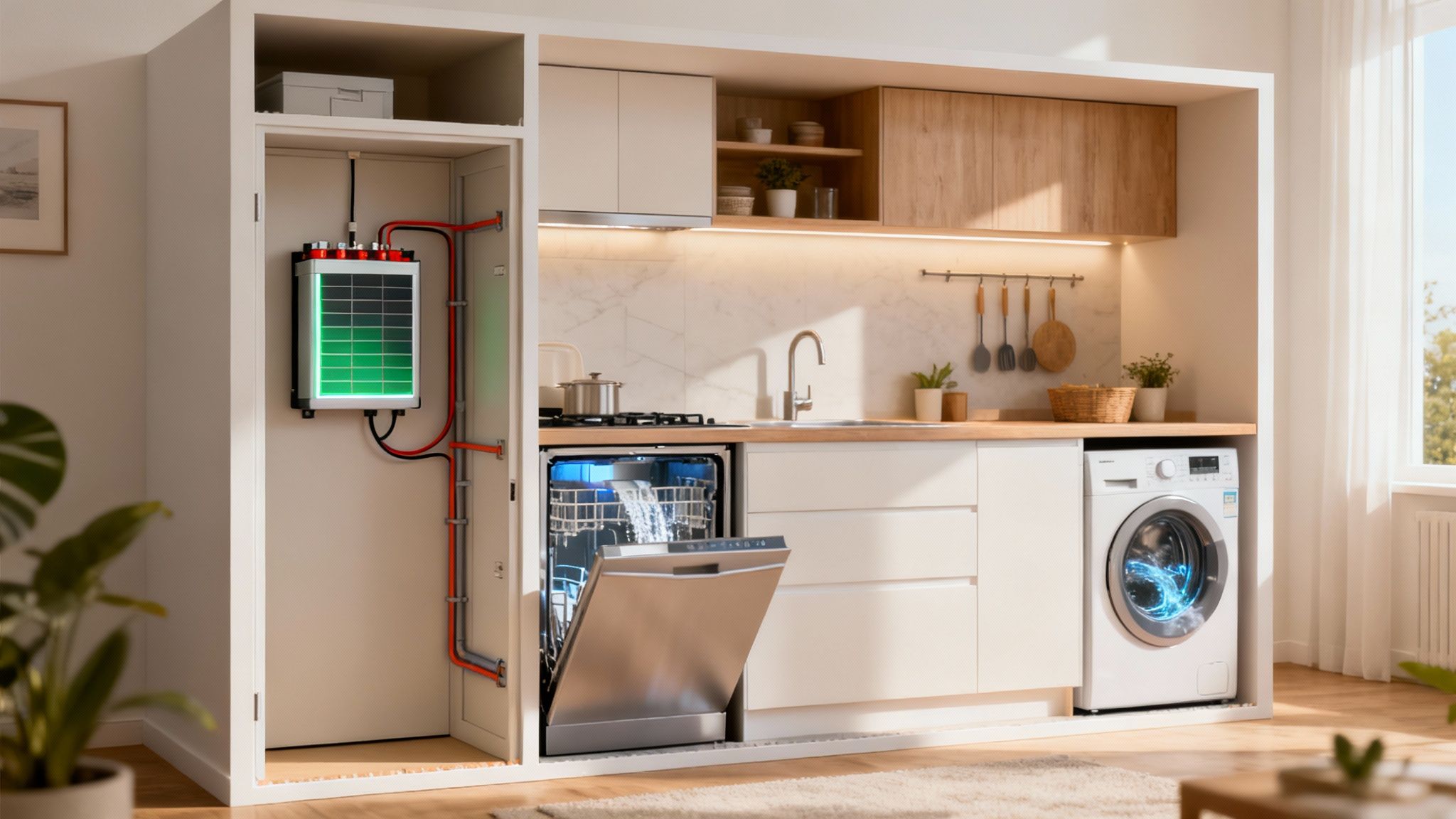 Een moderne keuken met een thuisbatterij die een werkende vaatwasser en wasmachine van stroom voorziet.
